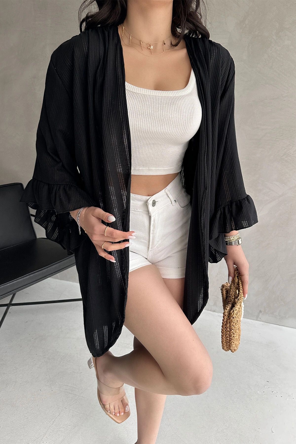 bacc-Black Flared Sleeves Mesh Cardigan Bcdf- 252171 1