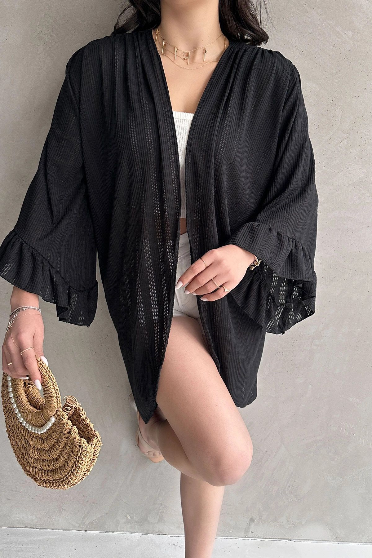 bacc-Black Flared Sleeves Mesh Cardigan Bcdf- 252171 4