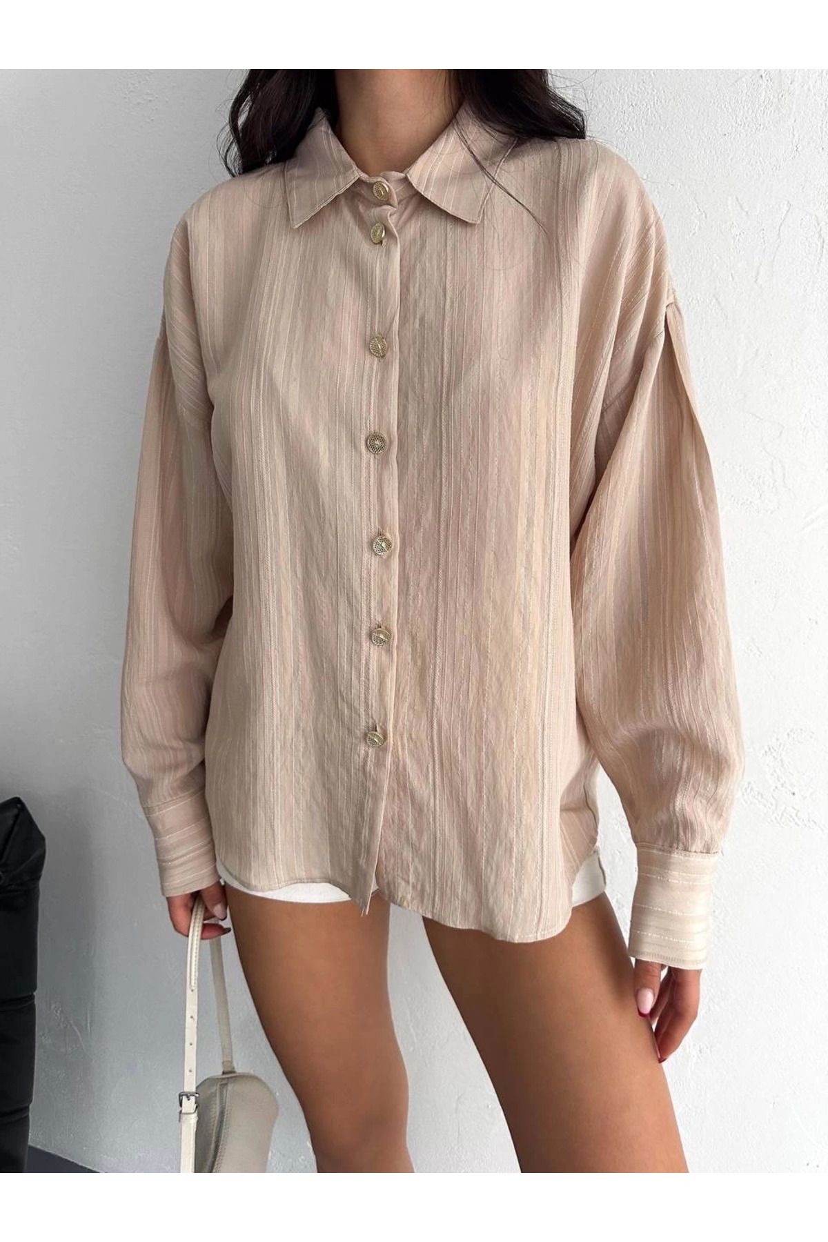 THEFOF Çizgili bej yumuşacık oversize kadın salaş gömlek günlük casual yeni sezon