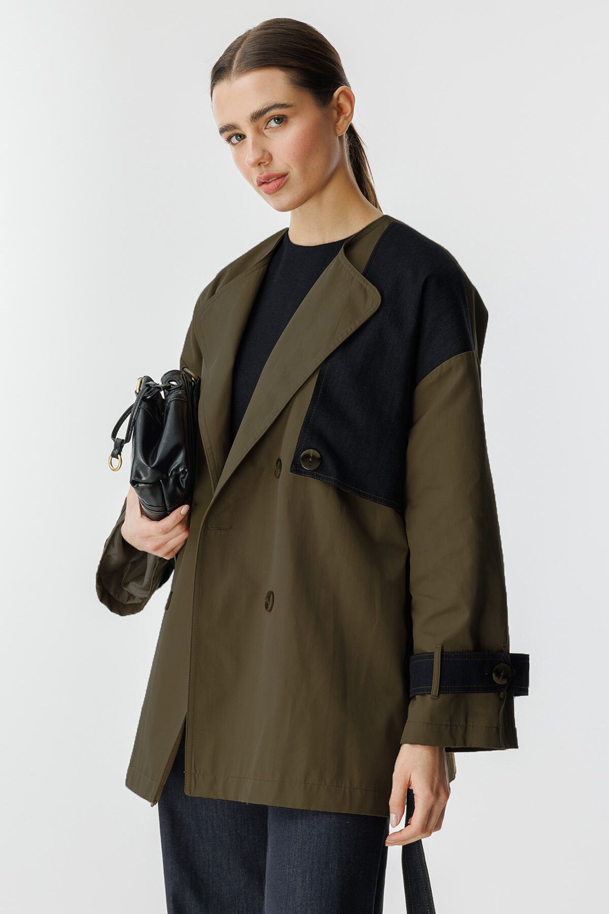 Hooopstore-Denim Detailed Double Breasted Khaki Trench Coat 4