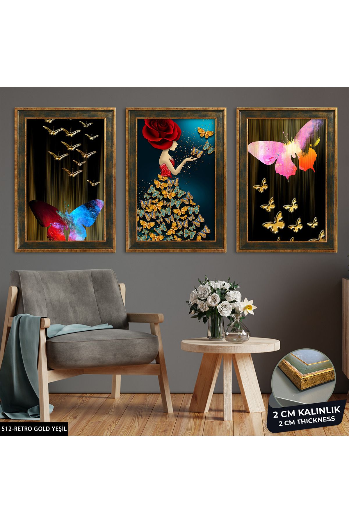 Evinemoda-Women's Butterfly 3 Piece Framed Painting Cvplk 2