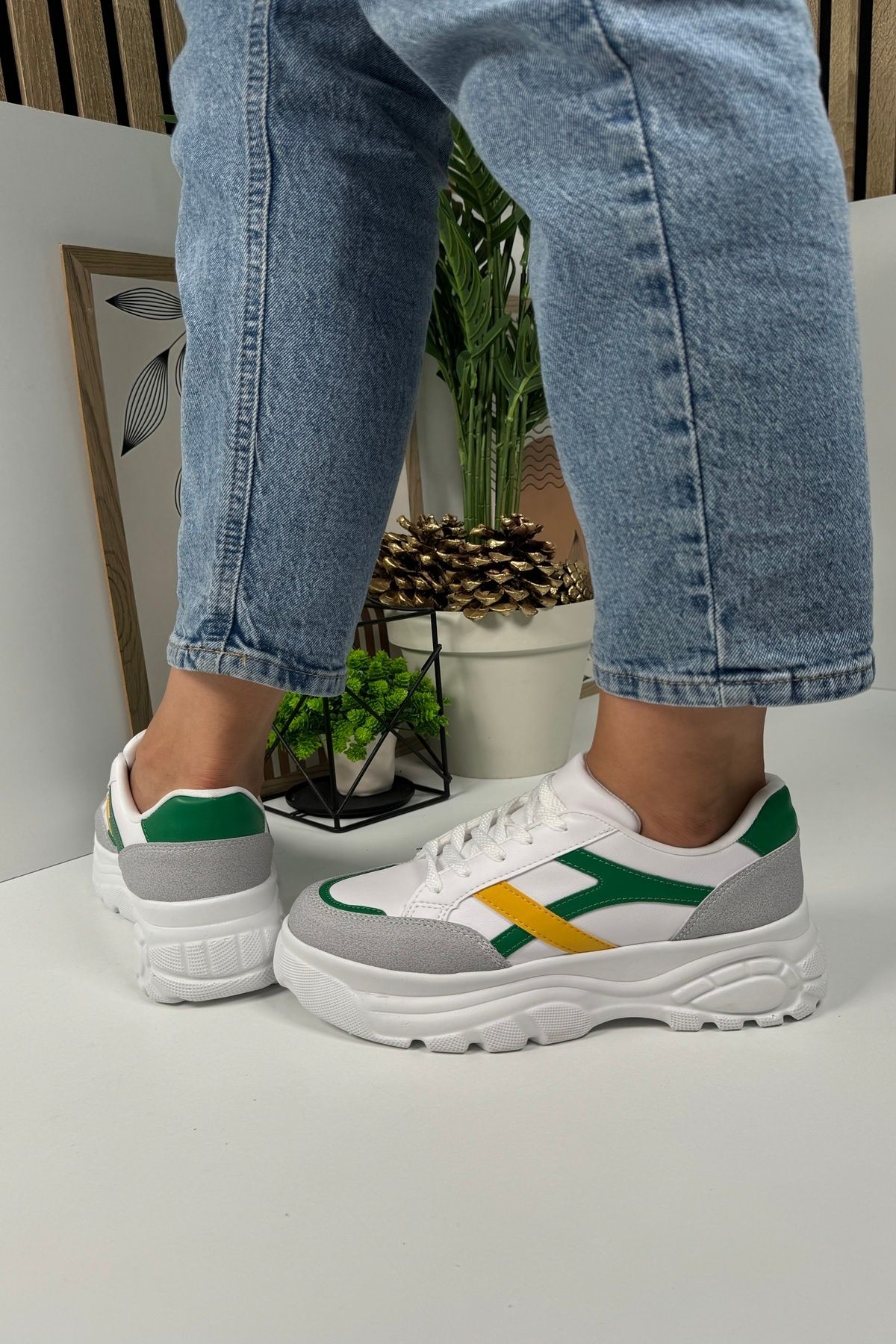 Nstil-Stone Green Yellow Women's Sneakers - Thick High Sole, Lace-Up Tiger Stripe 032 7