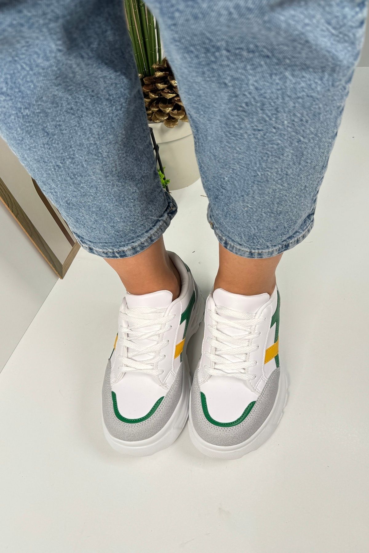 Nstil-Stone Green Yellow Women's Sneakers - Thick High Sole, Lace-Up Tiger Stripe 032 5