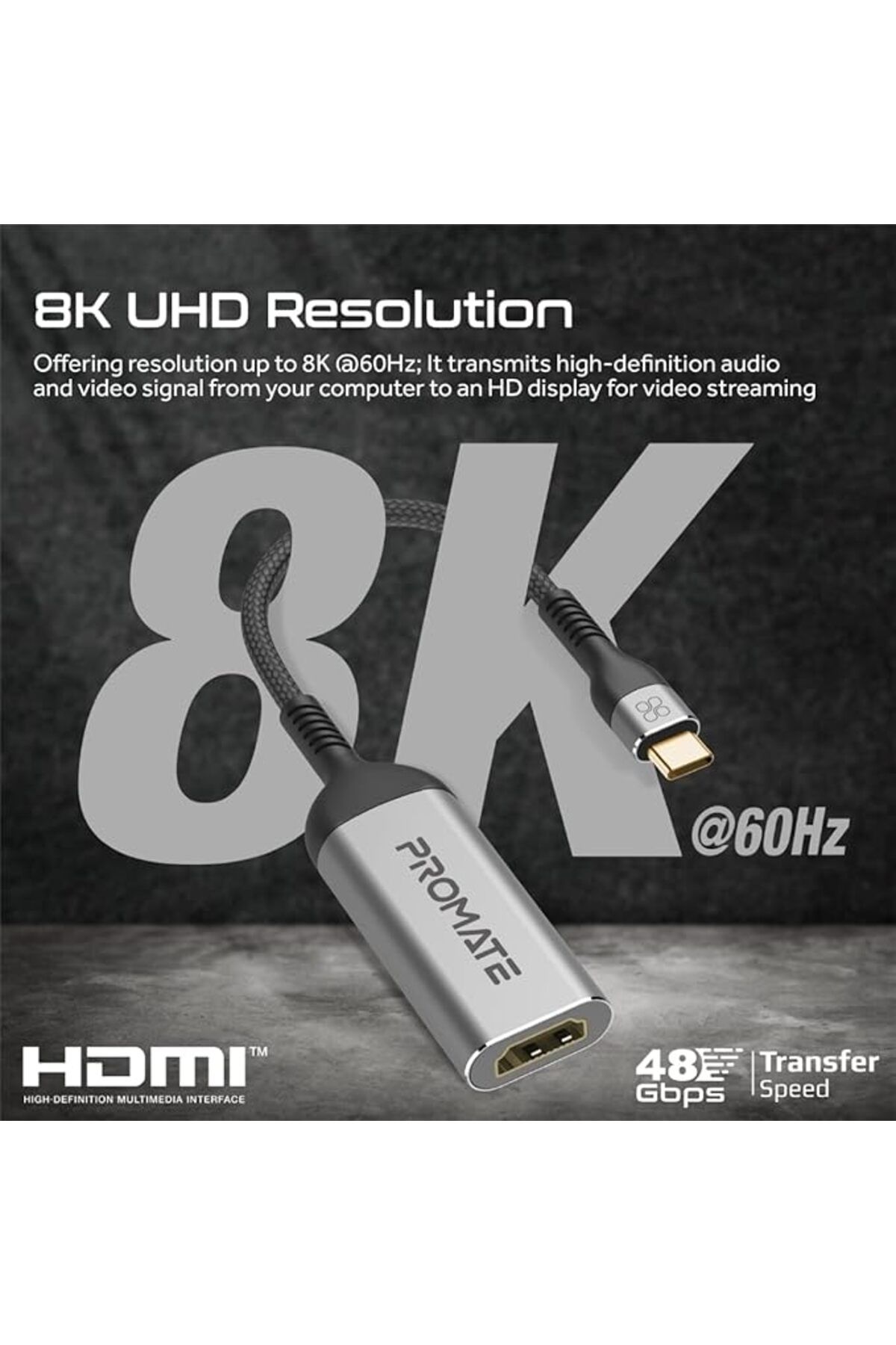 Promate-محول USB-C إلى HDMI، Ultra HD 8K@60Hz، 48Gbps، عمر افتراضي يصل إلى 10000+، MediaLink-8K 2