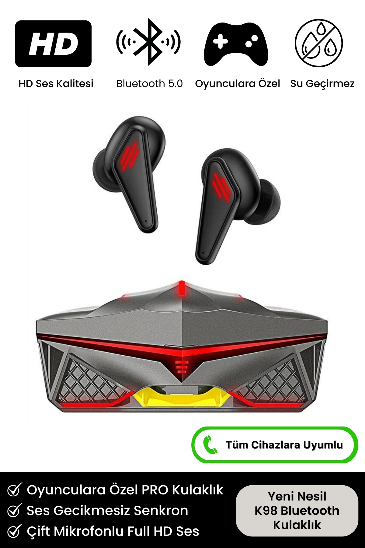 K98 Pro Oyuncu HD Ses Mikrofonlu Işıklı Metal Kasa iOS Android Uyumlu  Bluetooth Kablosuz Kulaklık