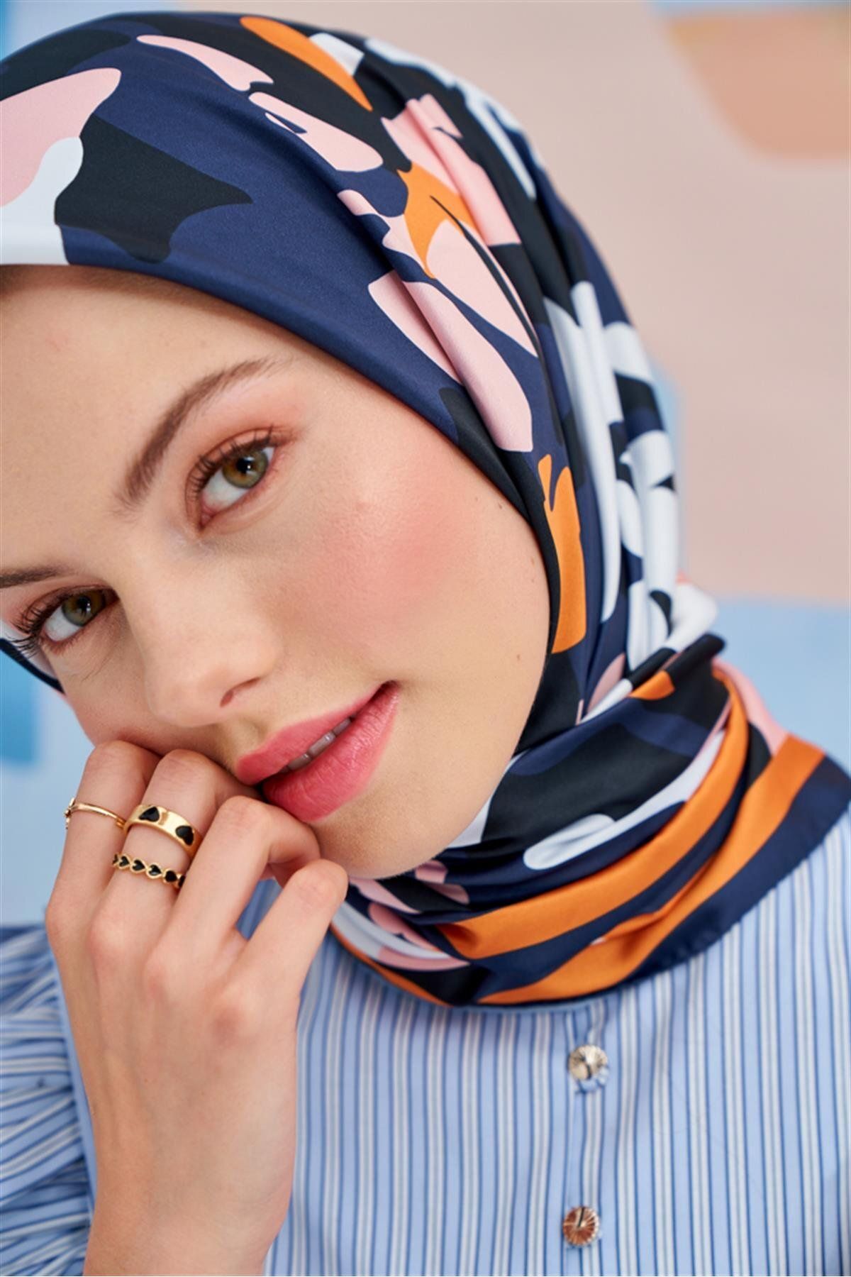 carell Twill Eşarp Mini Flowers Desen Lacivert
