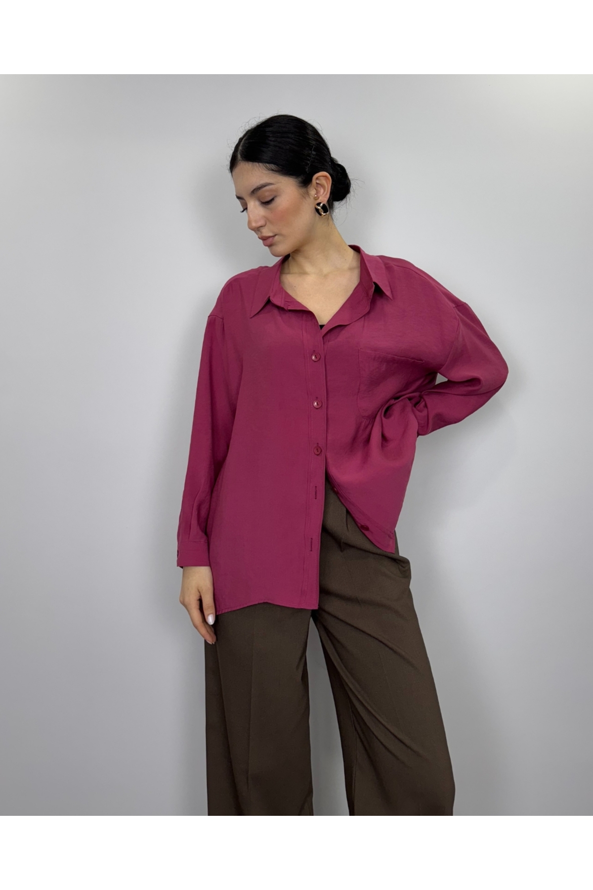 Bordo Modal Kumaş Oversize Salaş Gömlek