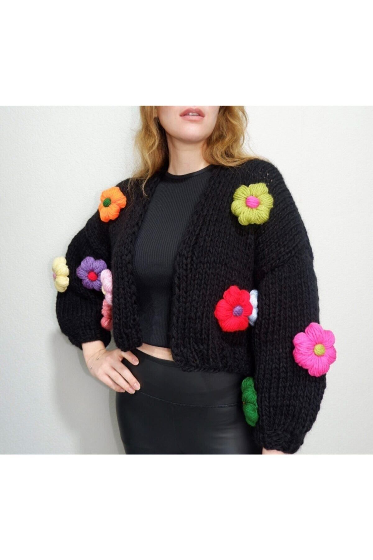 mihal boutique  Siyah Çiçek Motifli El Örgüsü Hırka - Görsel 5