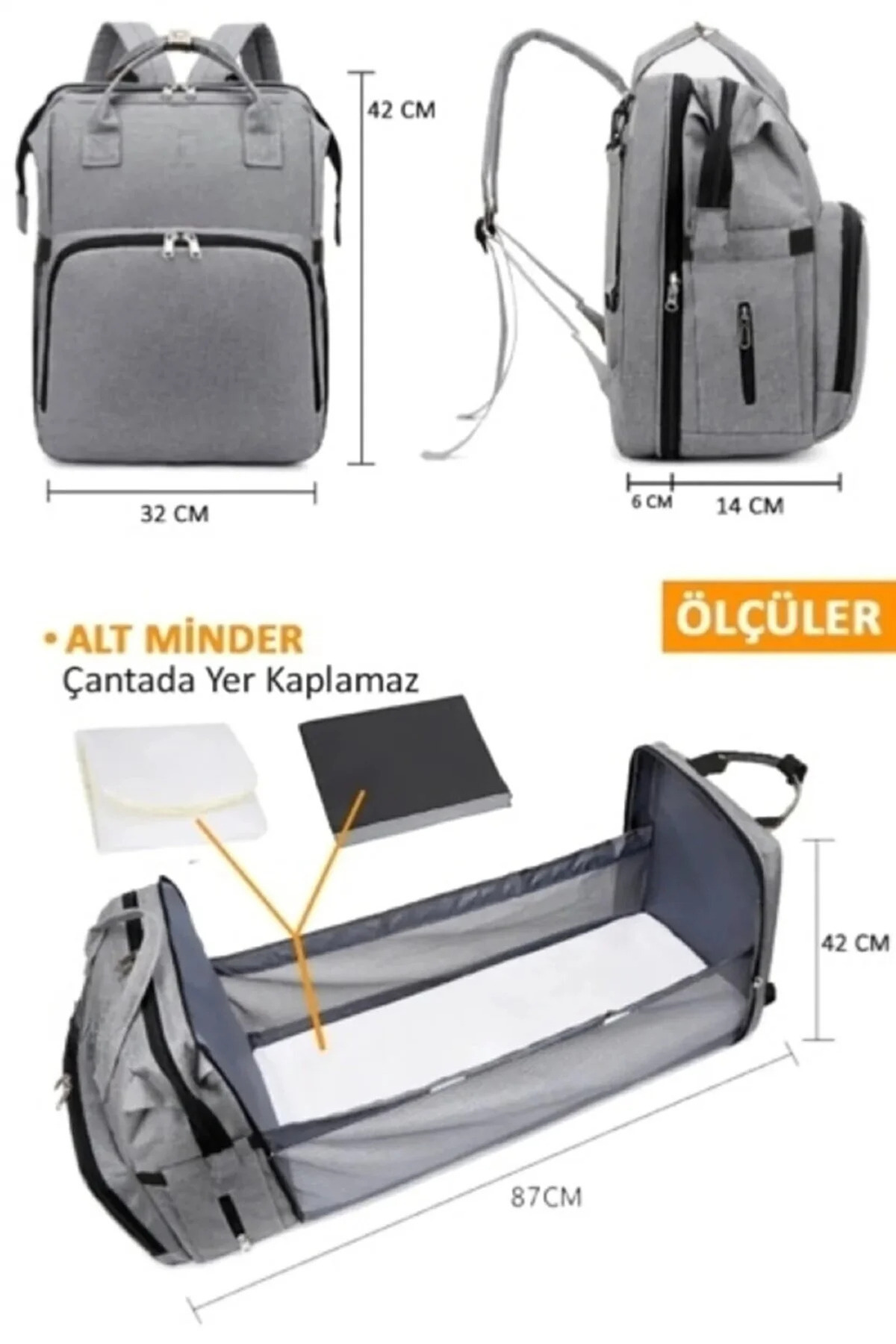 Moda West Açılabilir Yataklı Puset Askılı Termal Biberonluk Bölmeli Su Geçirmez Bebek Bakım Çantası Baby Bag fotoğrafı 3 (önizleme)