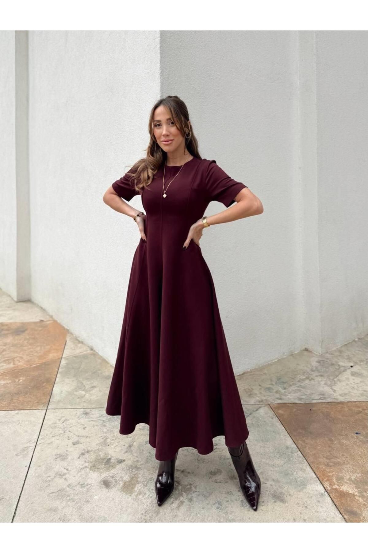 Maldia Shop-Women's Maxi Length Flared Princess Burgundy Dress 5