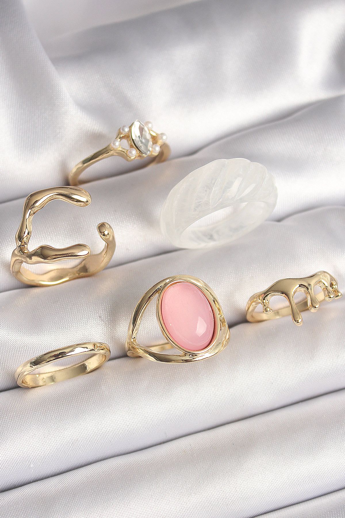 MAYAS Pirinç Gold Renk Zirkonlı Oval Pembe Mineli 6'Lı Kadın Yüzük Seti