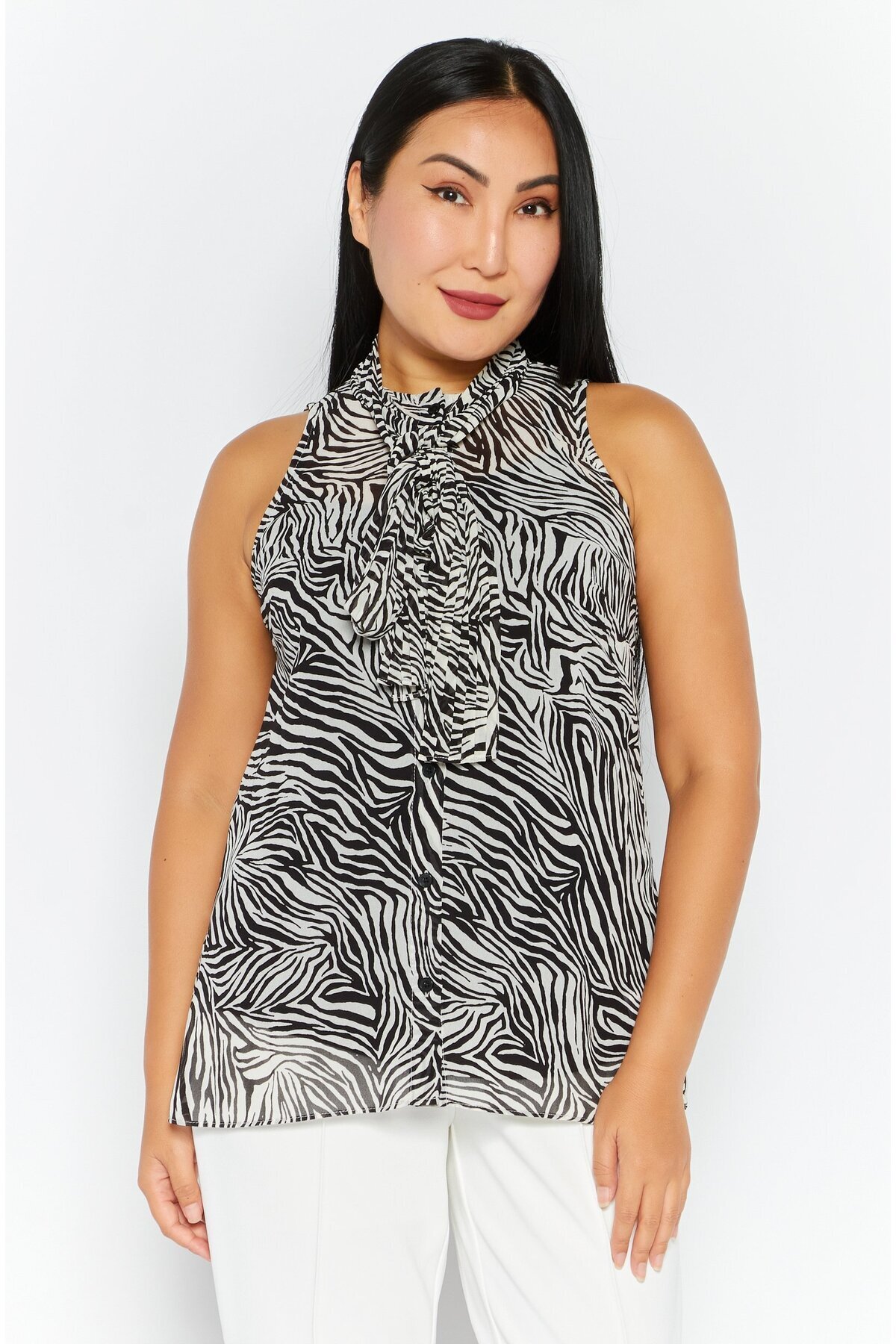 Michael Kors-Women Round Neck Sleeveless Allover Print Top, Black 1