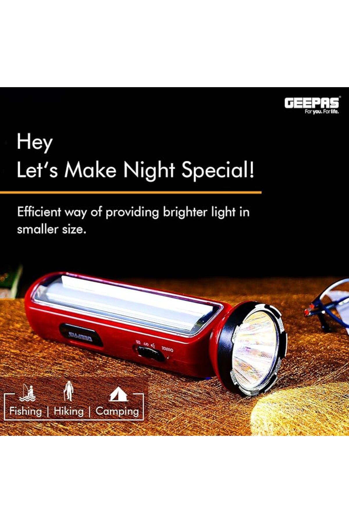 Geepas-GFL4676 مصباح LED قابل لإعادة الشحن مع فانوس طوارئ، متعدد الوظائف عند انقطاع التيار الكهربائي 7