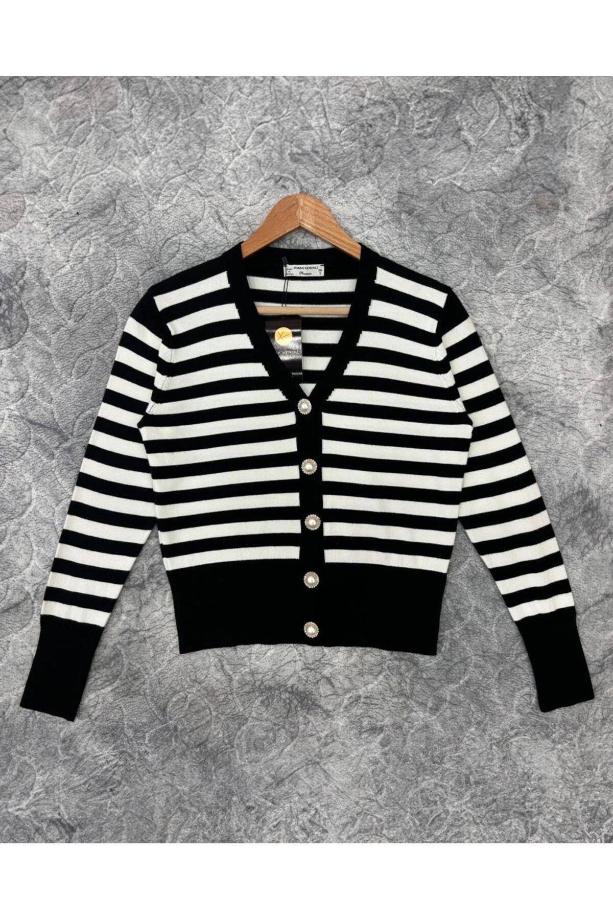 Pearl Buttoned Striped Knitwear Cardigan 3108