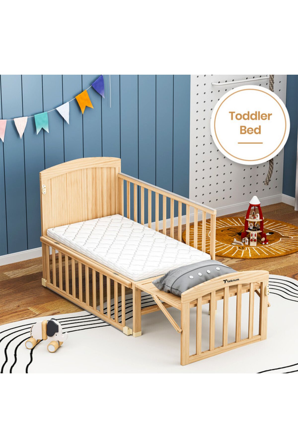 TEKNUM-7 in 1 Convertible Kids Bed & Bedside Crib w / Mattress, Mosquito net(0 - 12yrs) - Natural Wood 4