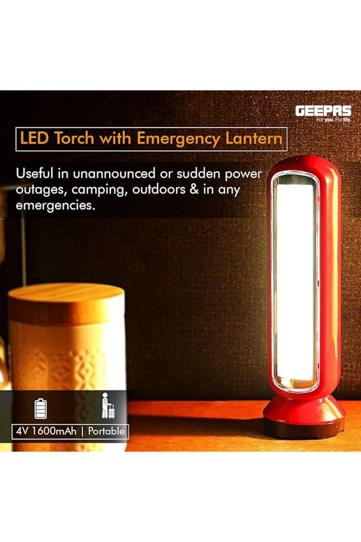 Geepas-GFL4676 مصباح LED قابل لإعادة الشحن مع فانوس طوارئ، متعدد الوظائف عند انقطاع التيار الكهربائي 2