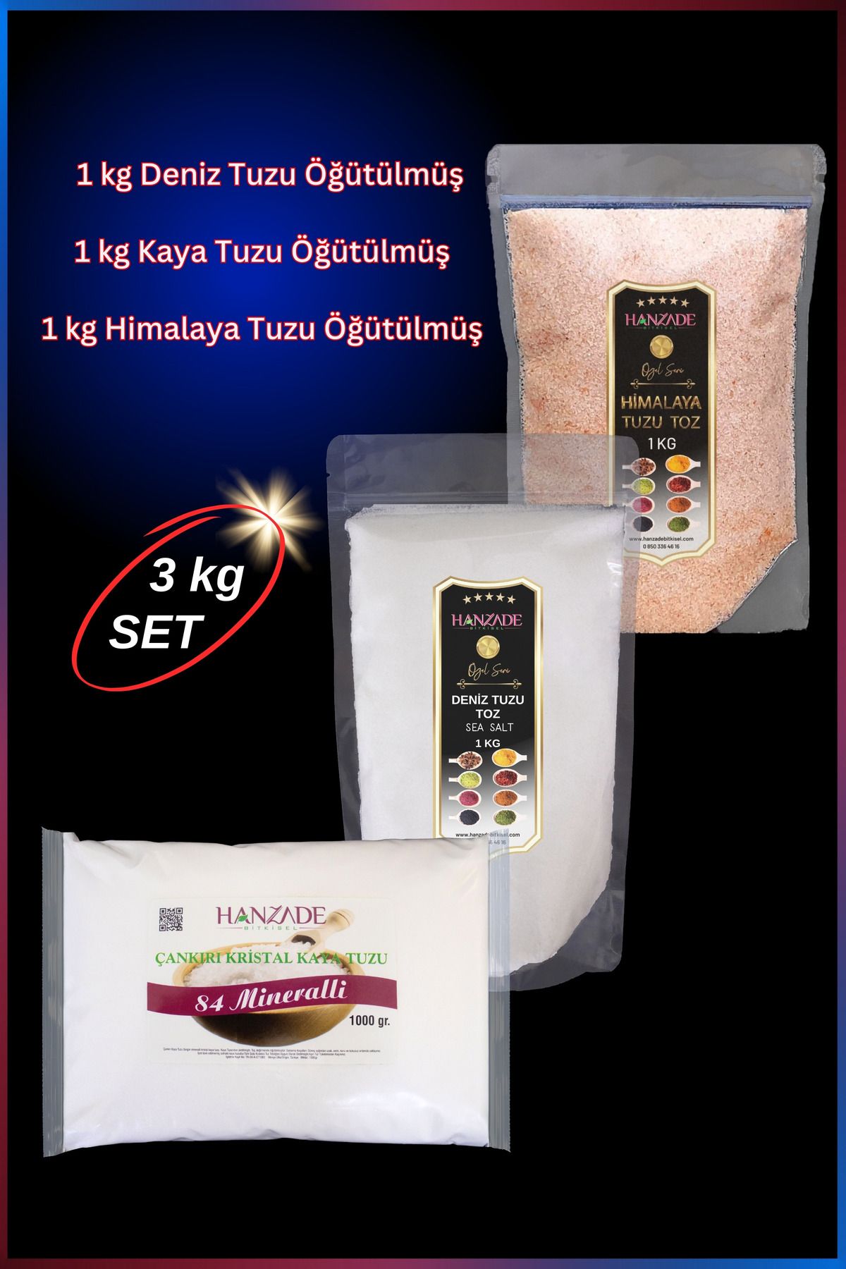 Hanzade Bitkisel Çankırı Kaya Tuzu + Himalaya Tuzu + Deniz Tuzu (Toz Öğütülmüş, 1 Kg x 3’lü Set) Doğal Tuz Seti