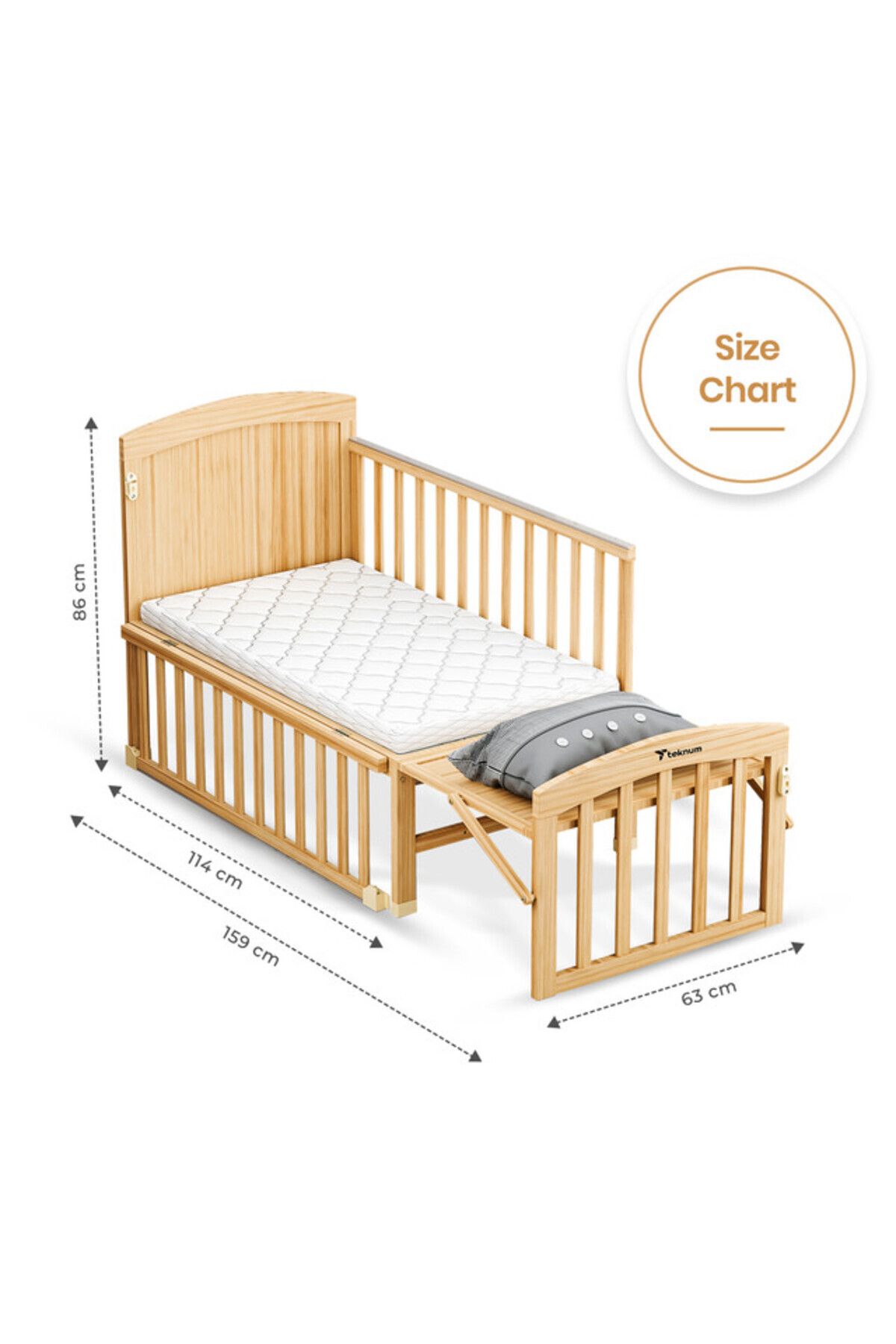 TEKNUM-7 in 1 Convertible Kids Bed & Bedside Crib w / Mattress, Mosquito net(0 - 12yrs) - Natural Wood 8