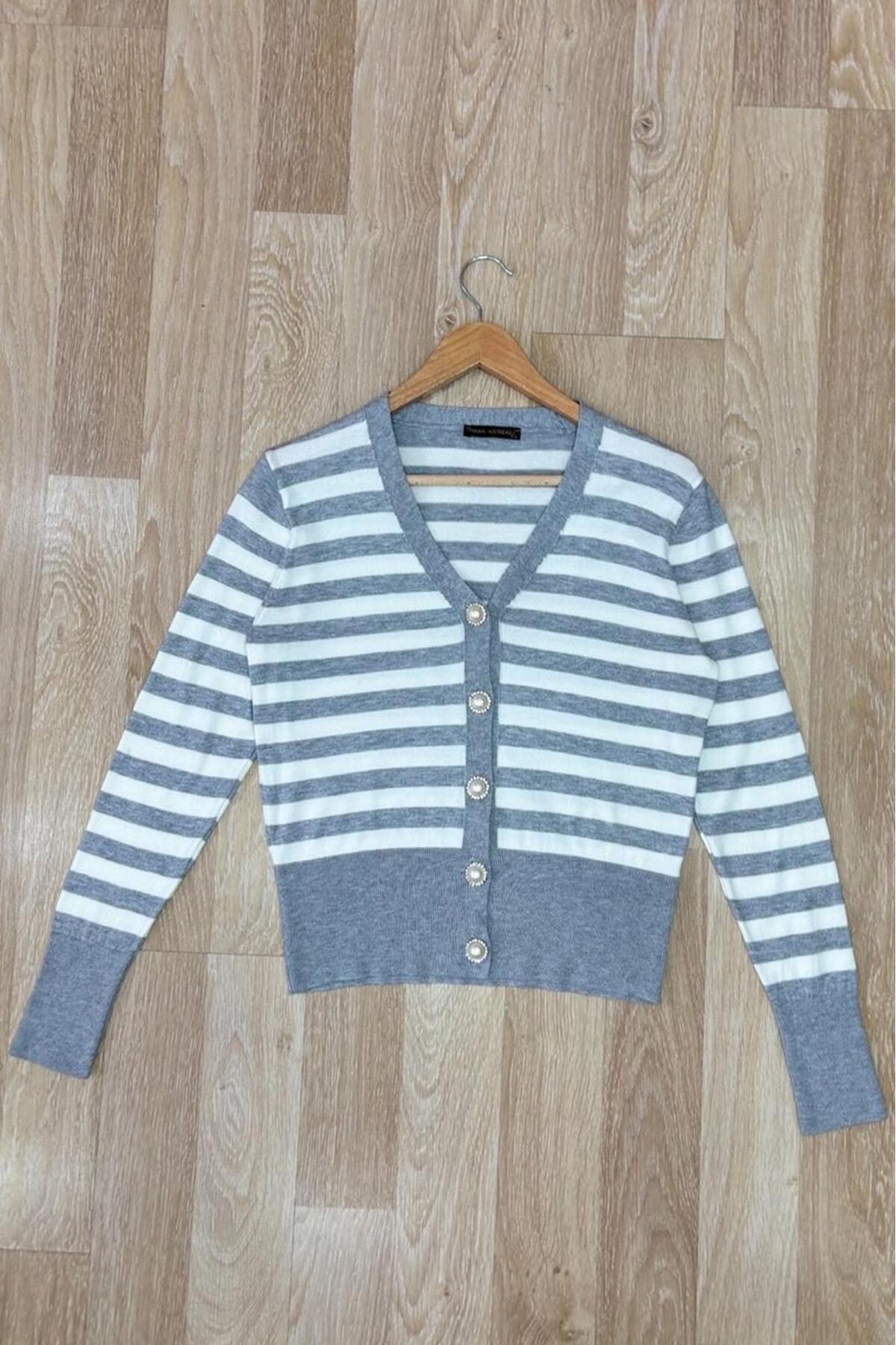Pearl Buttoned Striped Knitwear Cardigan 3108