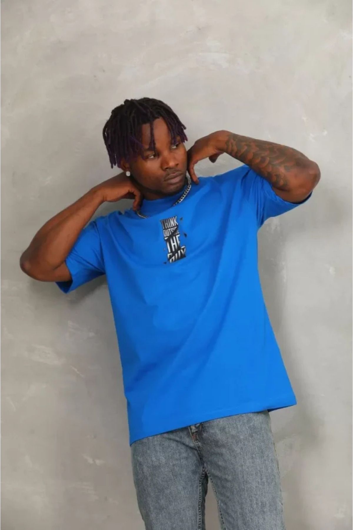 HobiDünyasıElif Unisex Oversize Baskılı Bisiklet Yaka T-Shirt - Mavi