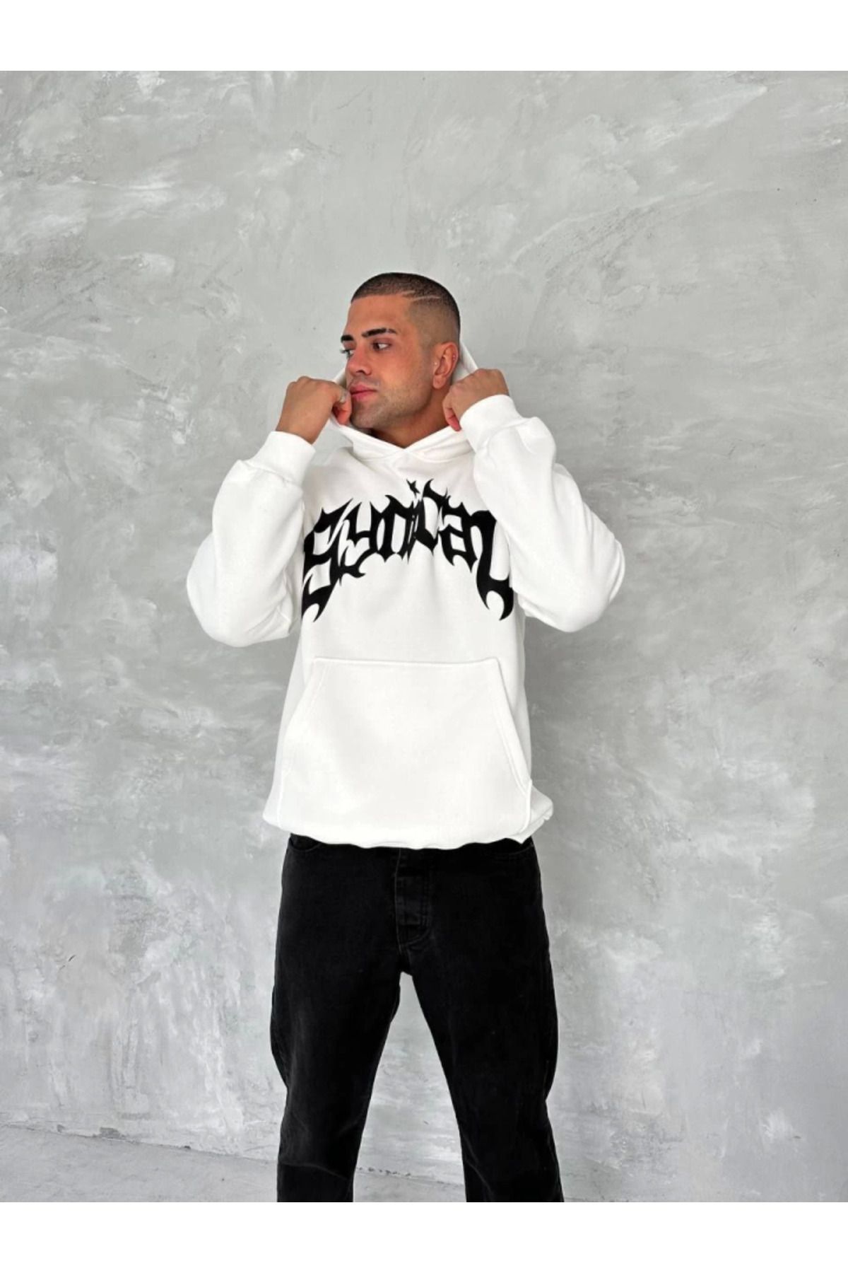 Melenza Unisex Üç İplik Kapşonlu Baskılı SweatShirt - Beyaz