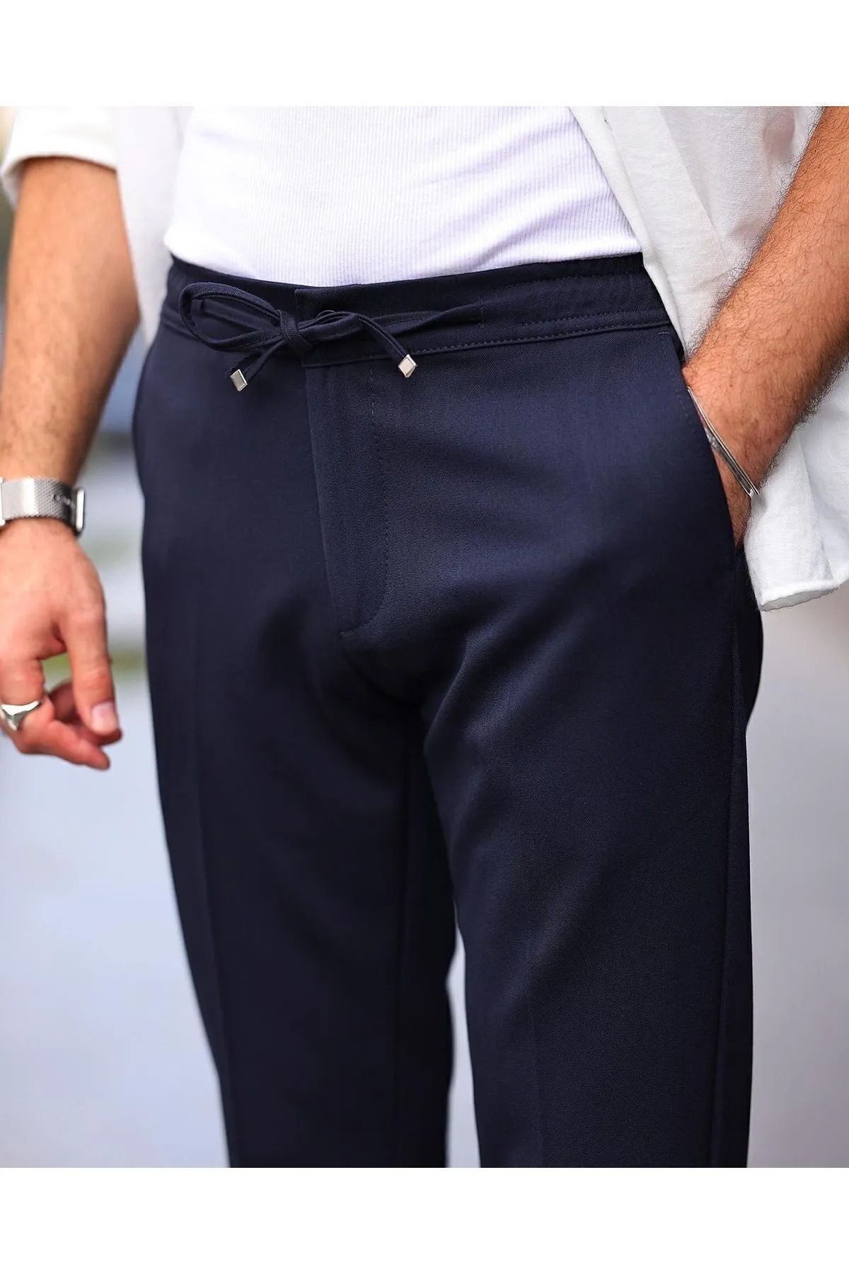 BYİBRAHİM-Men's Jogger Style Lycra Pants with Elastic Waist, Zipper and Buttons 3