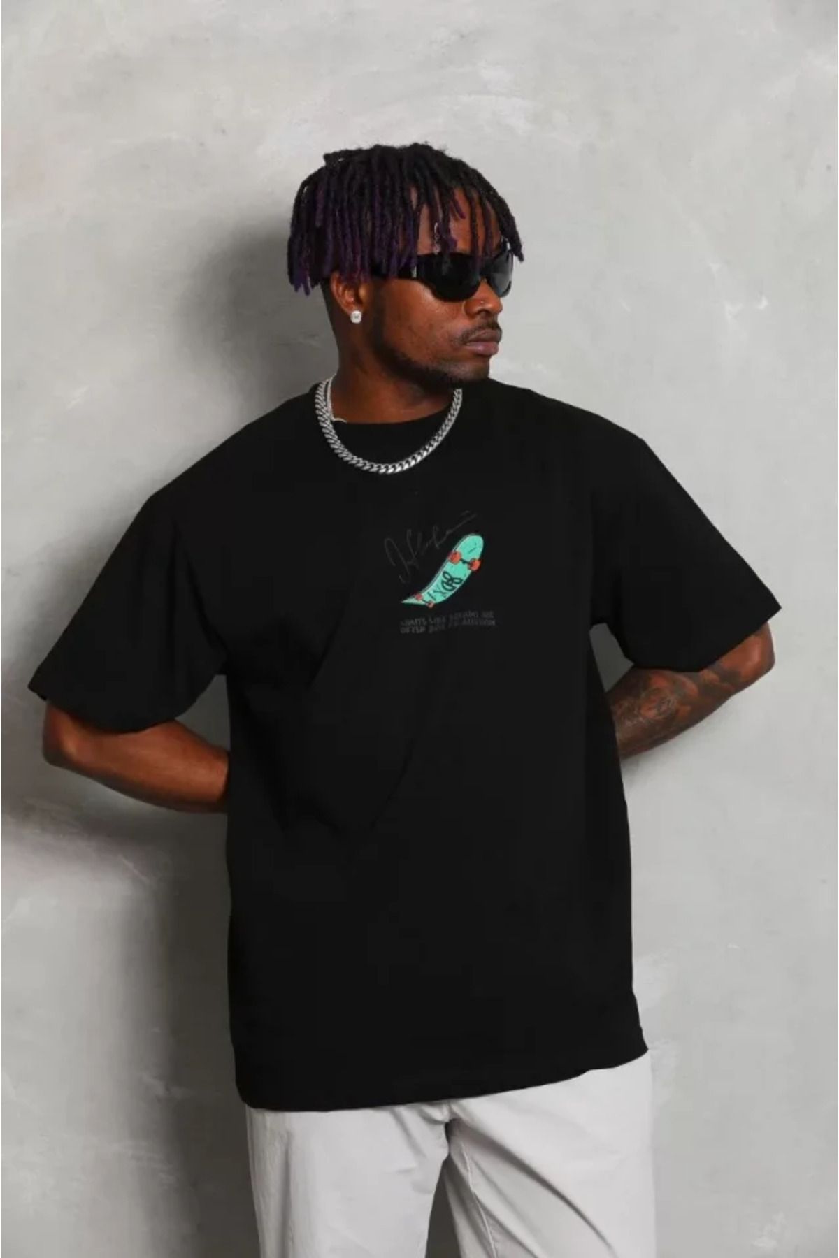 Asap Unisex Oversize Baskılı Bisiklet Yaka T-Shirt - Siyah