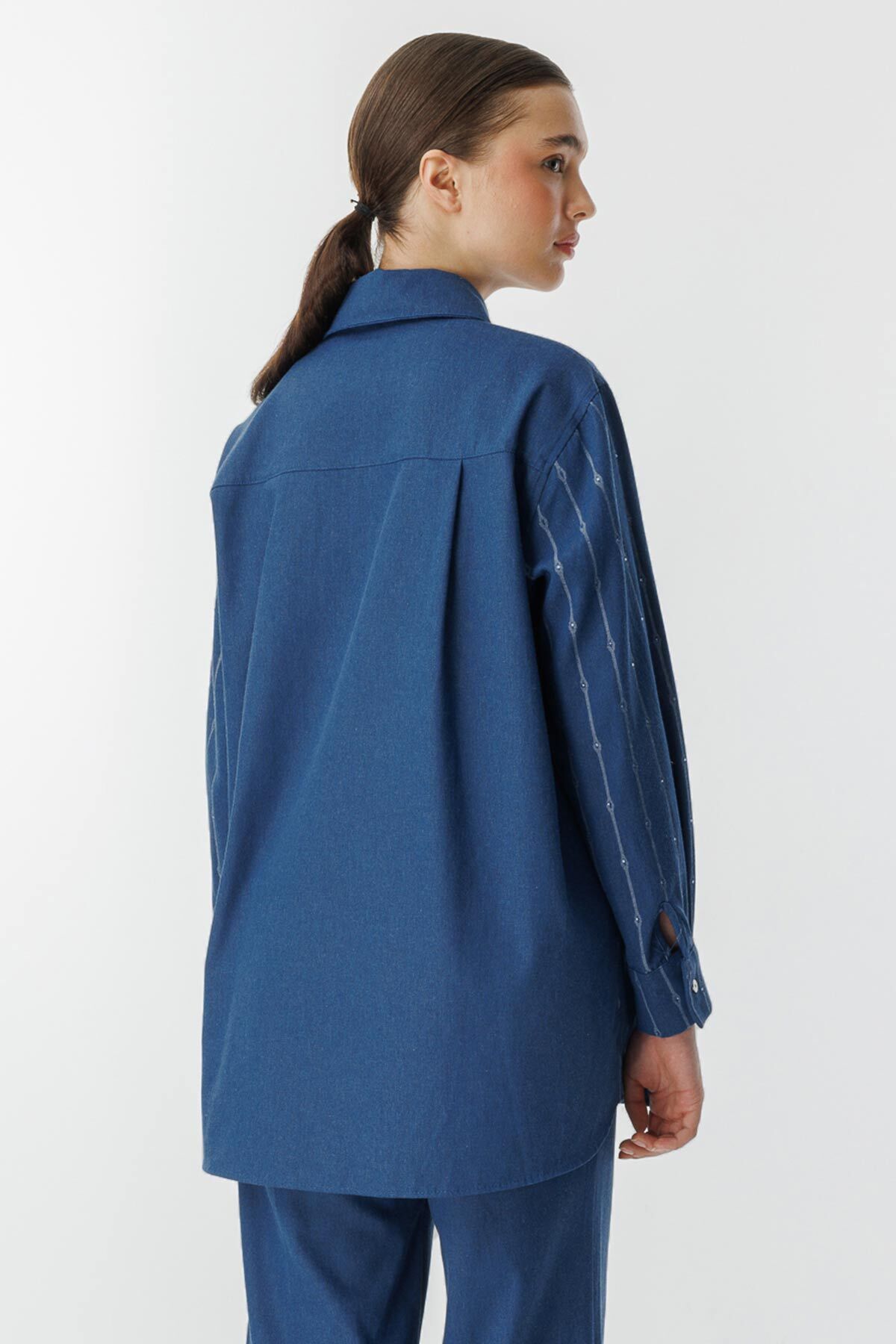 Hooopstore-Cămașă albastră din denim cu model de piatră 7
