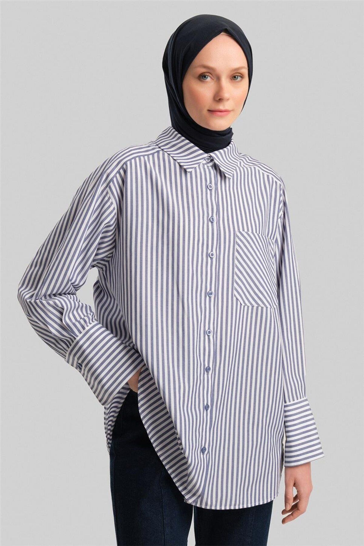 پیراهن راه راه ضخیم Ort3440-1 آبی سرمه ای Armine