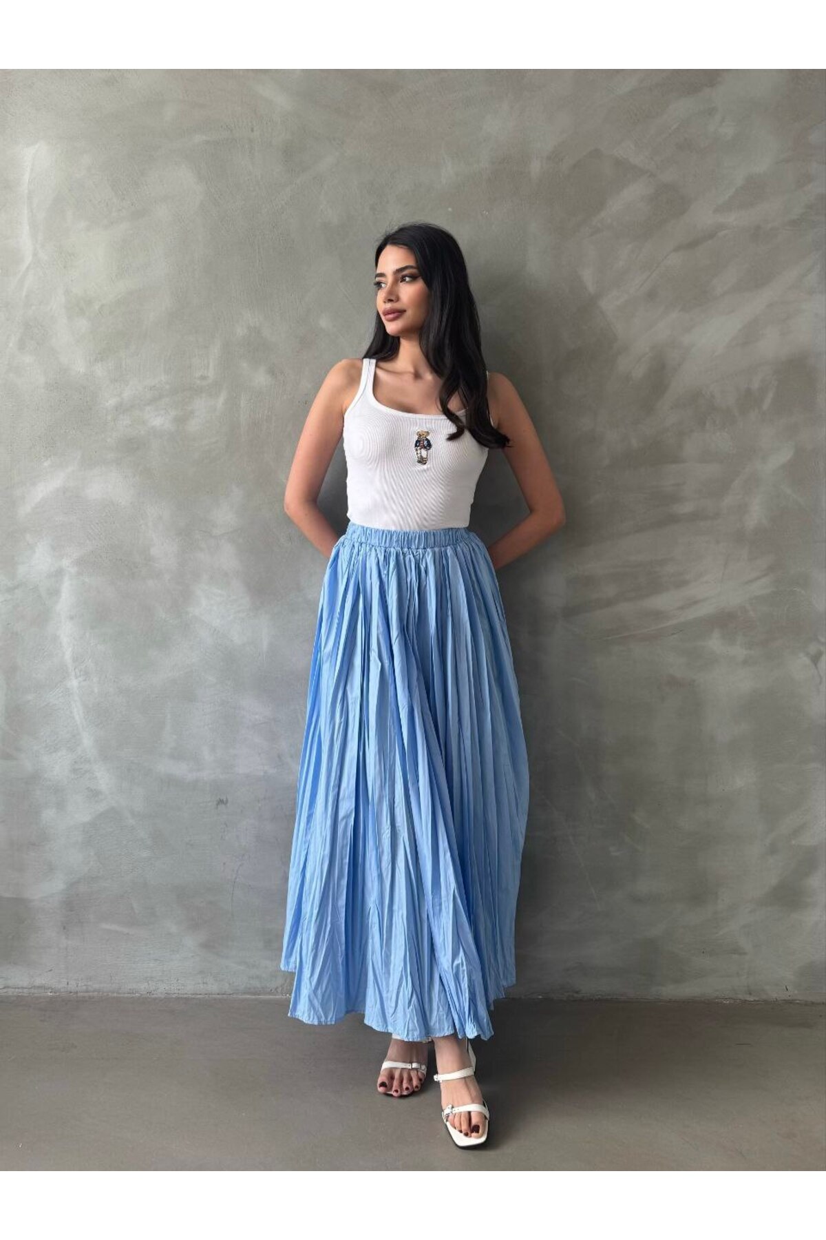Wrinkled Elastic Waist Long Flared Maxi Skirt - Görsel 4