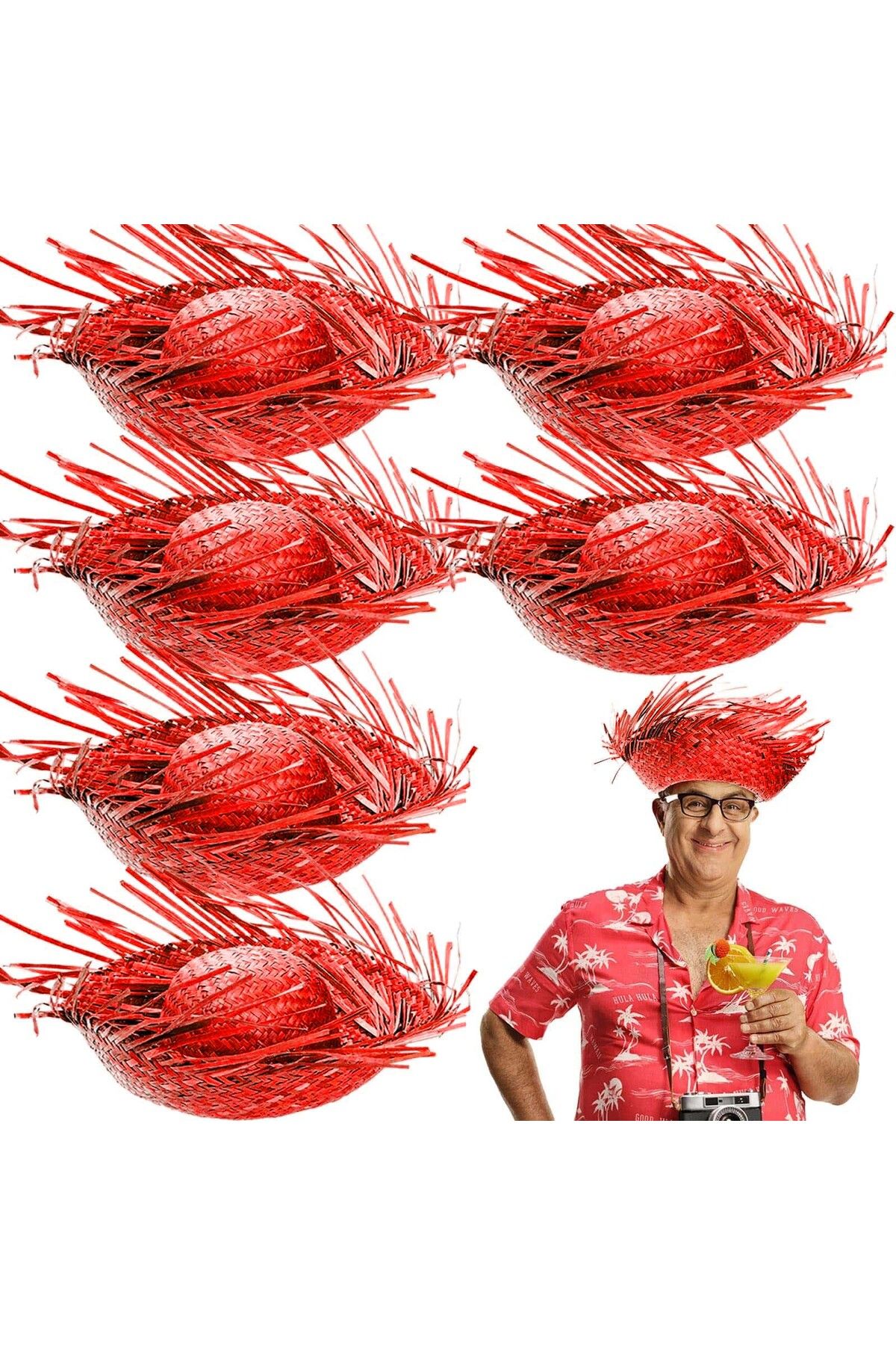 Avantaj Kapıda ® Tropikal Parti Kırmızı Hasır Hawaii Şapkası 13x36 cm (Parti Temalı)