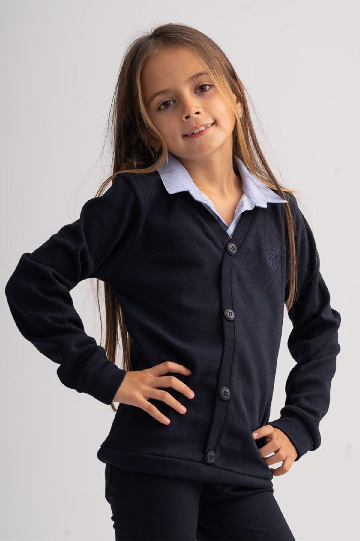 Purely Chic-Navy blue cotton long sleeve blouse and mock shirt for girls 1