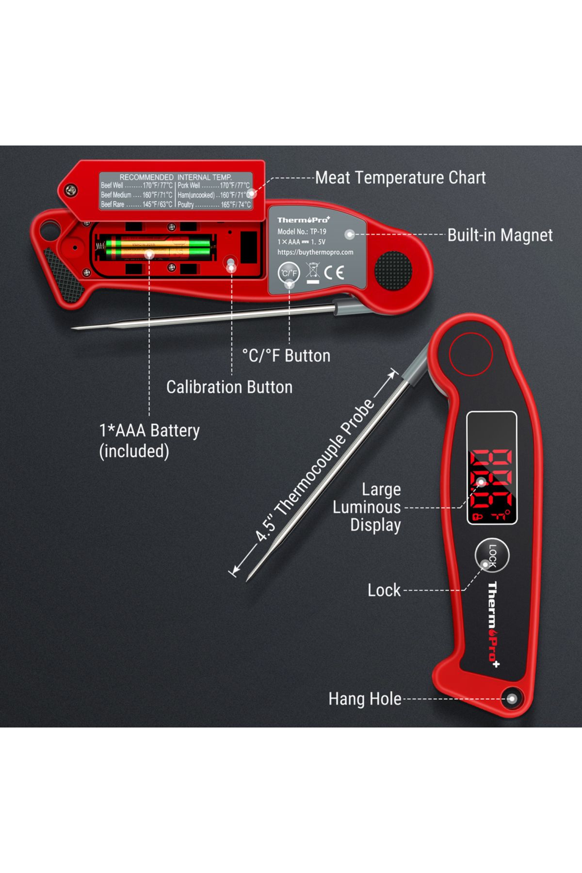 Choice-Thermopro Tp19 Fast Reading Waterproof Led Display Antimicrobial Meat Thermometer Digital Bbq The... 6