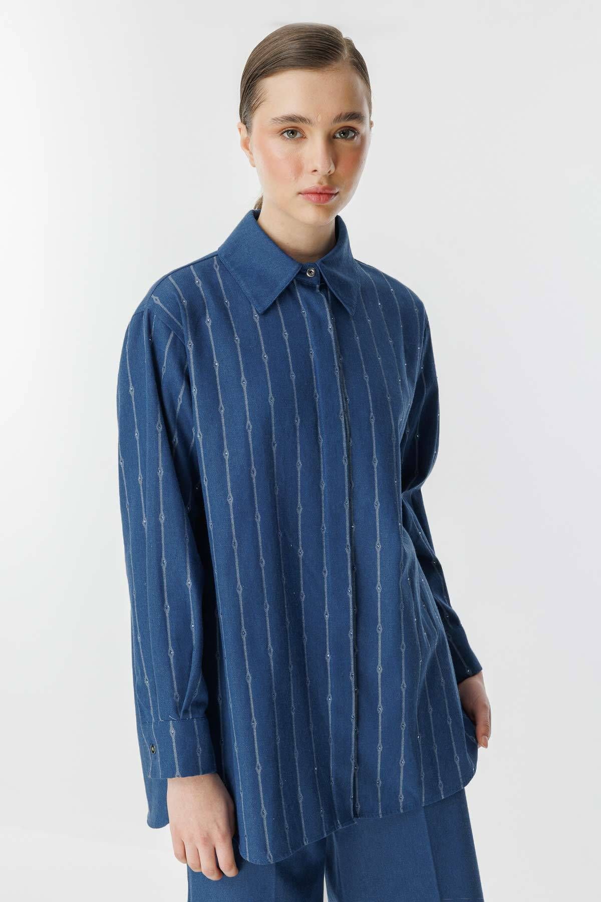 Hooopstore-Cămașă albastră din denim cu model de piatră 1