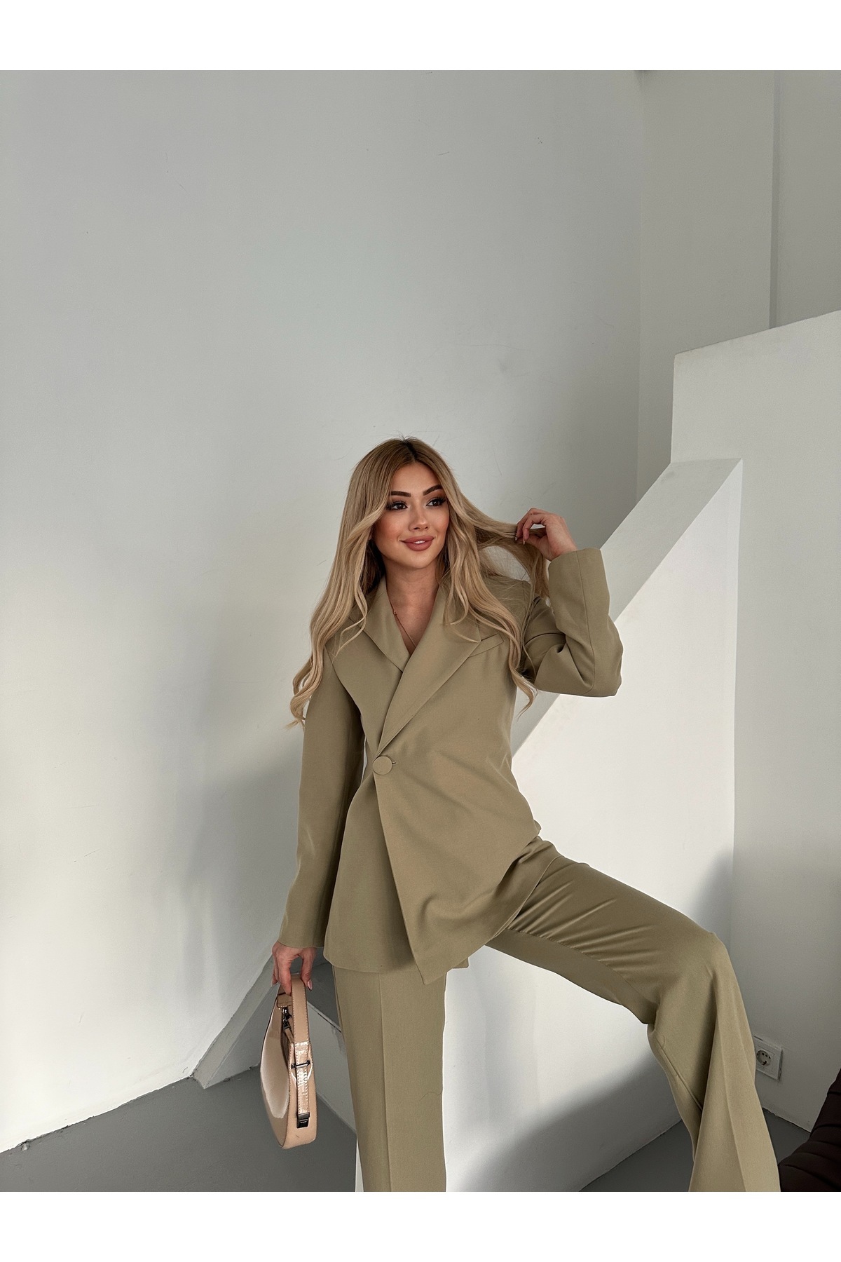HOEK Kadın Haki Düğmeli Ceket Pantolon Takım Elbise