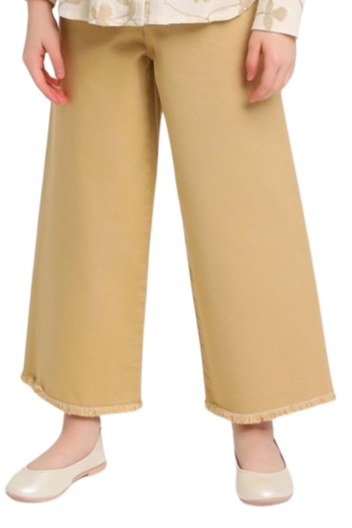 wakawakakidsstore Püsküllü Bol Paça Önden Düğmeli Kız Çocuk Kot Pantolon