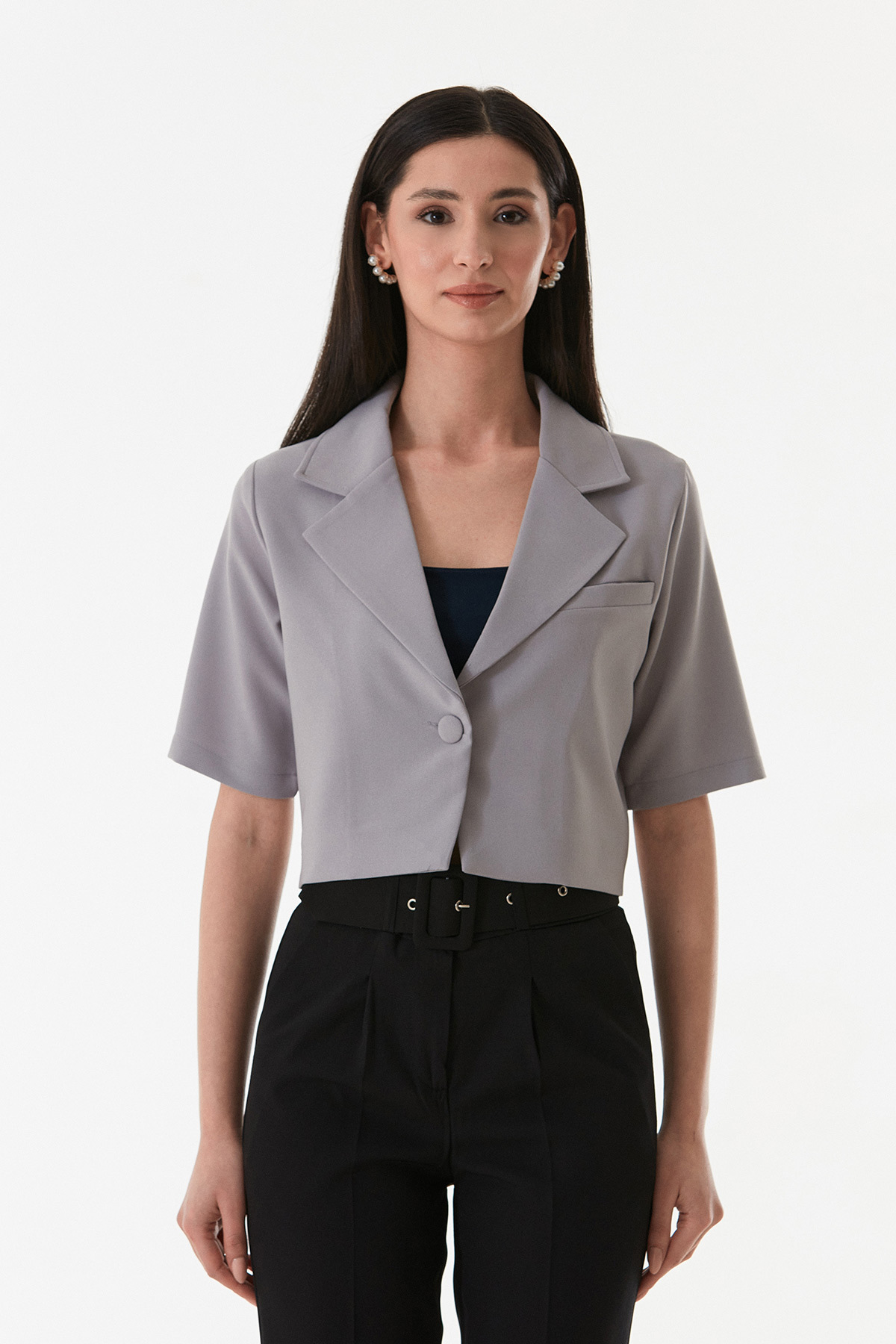 Fulla Moda-Basic Double Breasted Collar Crop Jacket 8