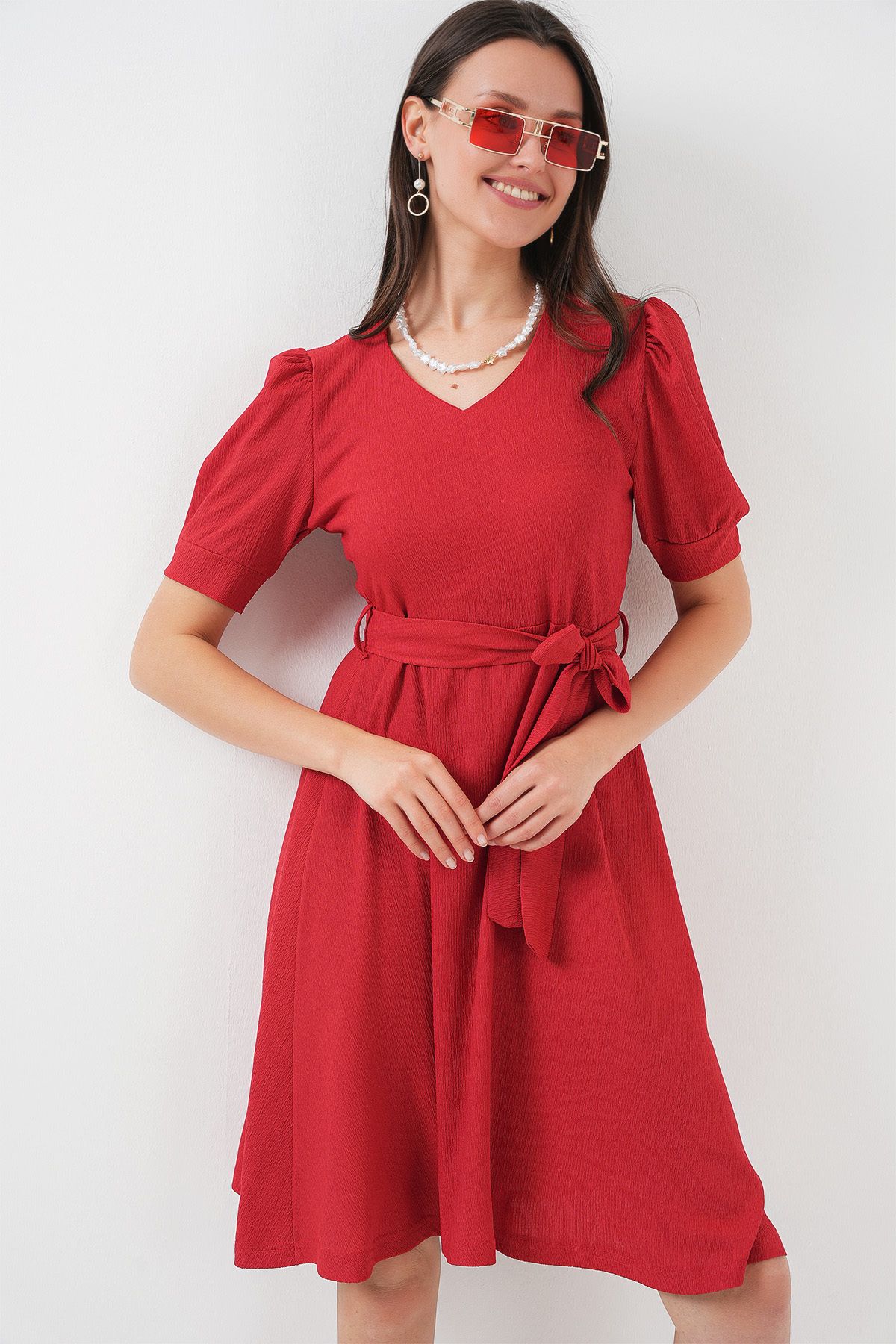 Bigdart-2370 Rochie tricotată cu curea - roșu 3
