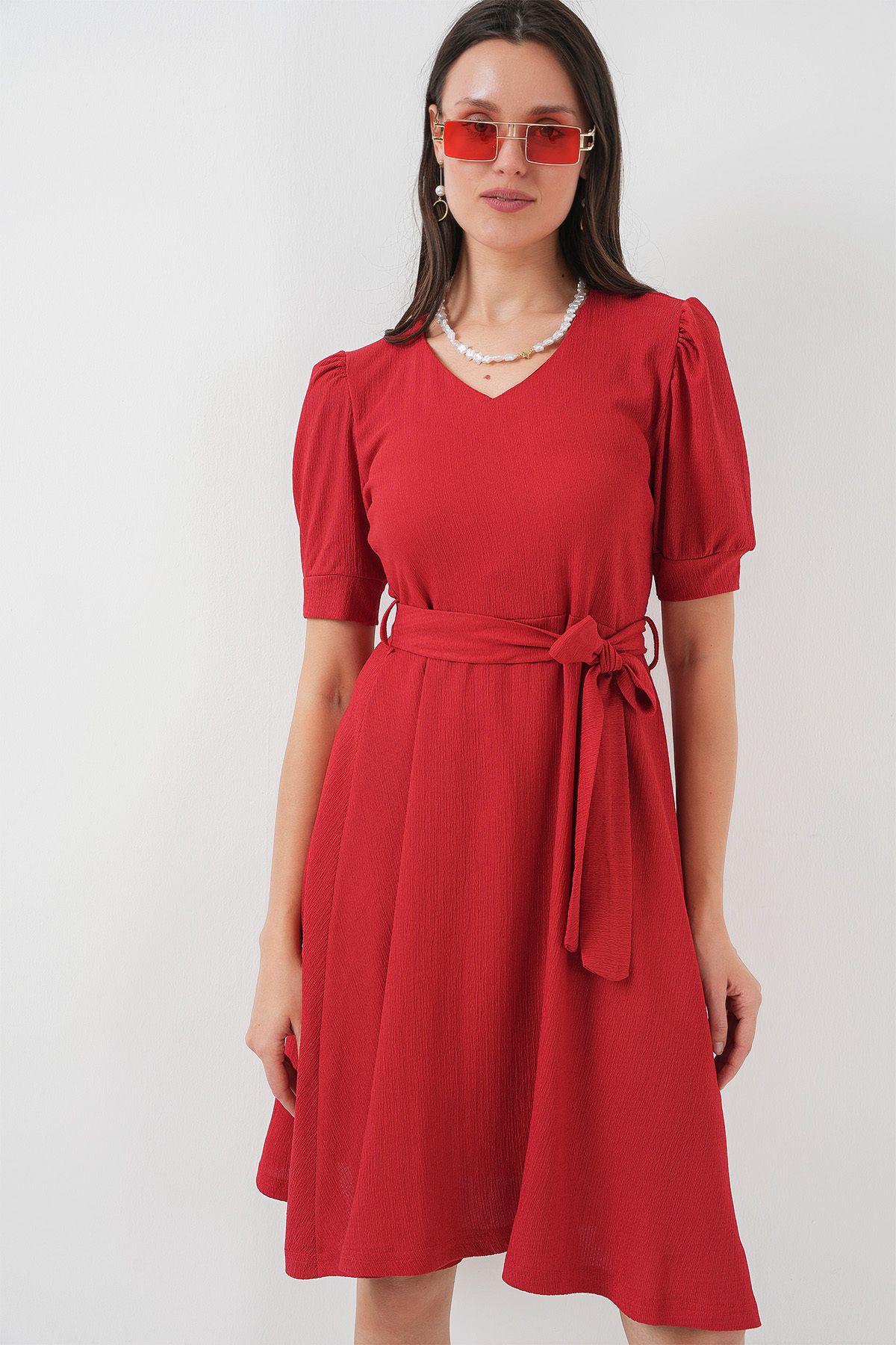 Bigdart-2370 Rochie tricotată cu curea - roșu 4