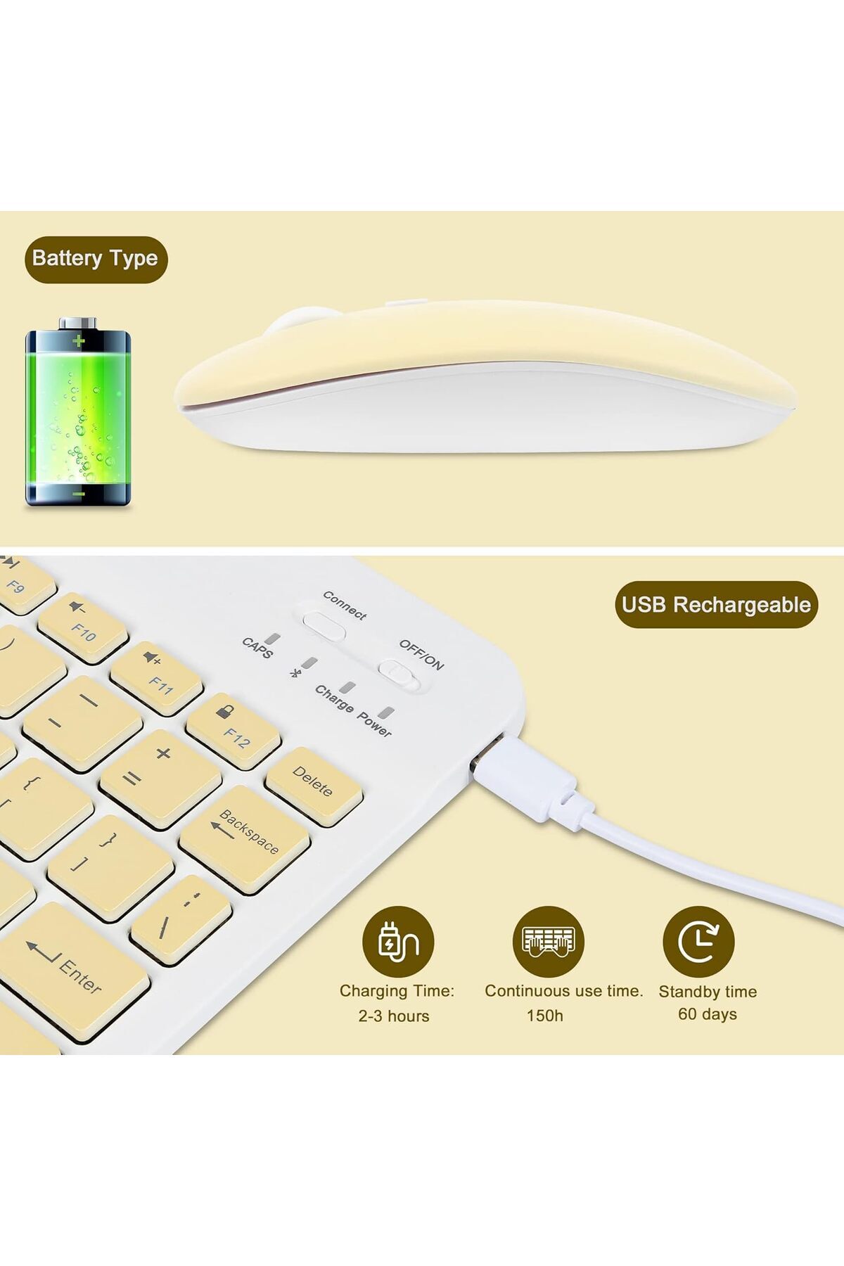 fulina-Wireless Keyboard and Mouse Bluetooth,Rechargeable Wireless Mouse Keyboard Set,Yellow,10 inch 5