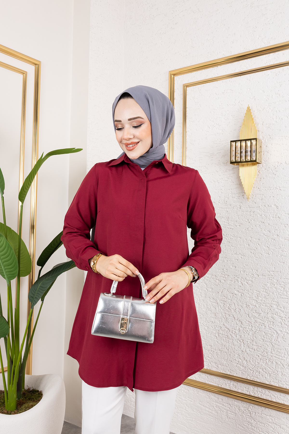 Eliva Kadın Bordo Terikoton Gizli Düğmeli Boyfriend Tesettür Gömlek görsel 8
