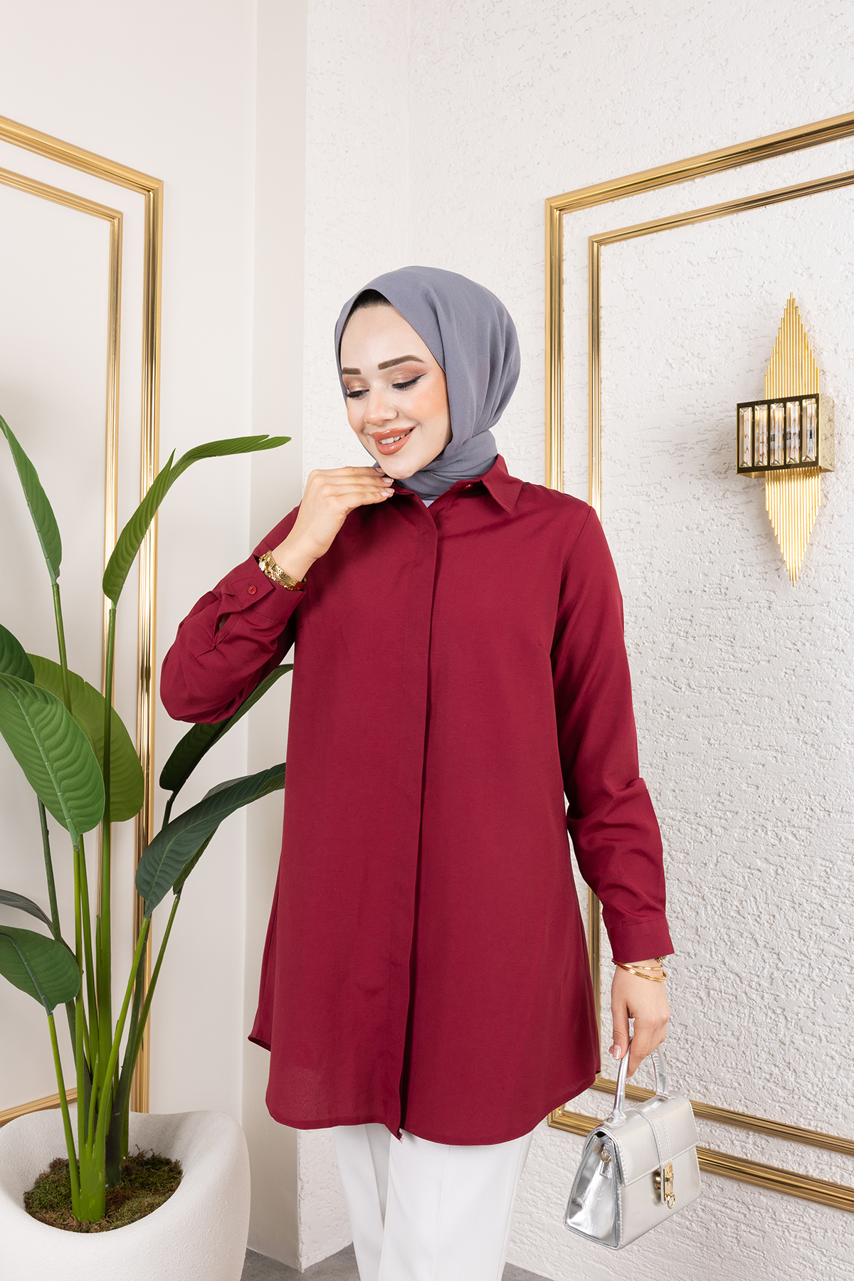 Eliva Kadın Bordo Terikoton Gizli Düğmeli Boyfriend Tesettür Gömlek görsel 5