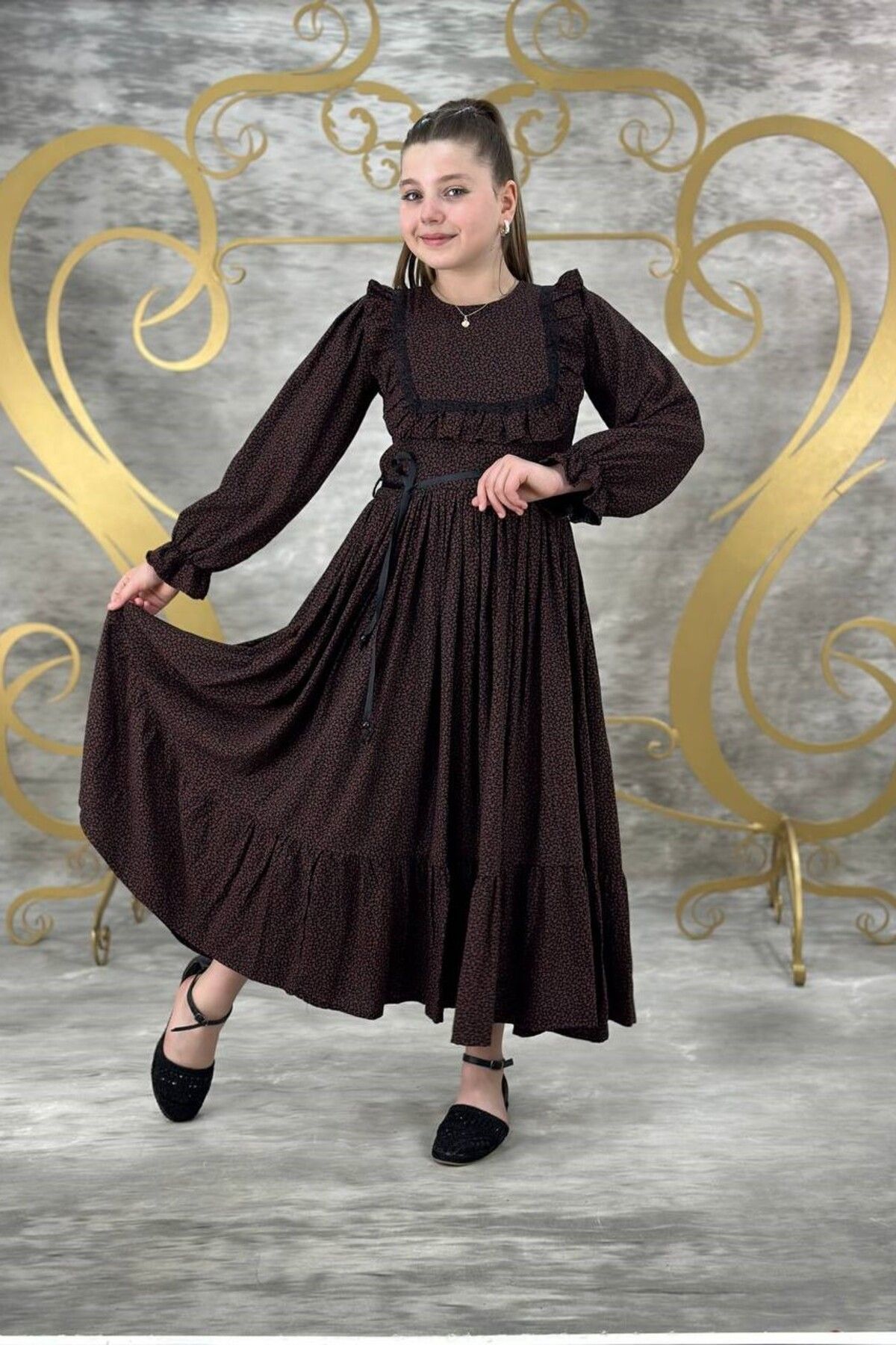 ABİYEKİDS-Girl's Brown Flared Dress Waiter Boy Children's Dress 11/14 Years Aby144 1