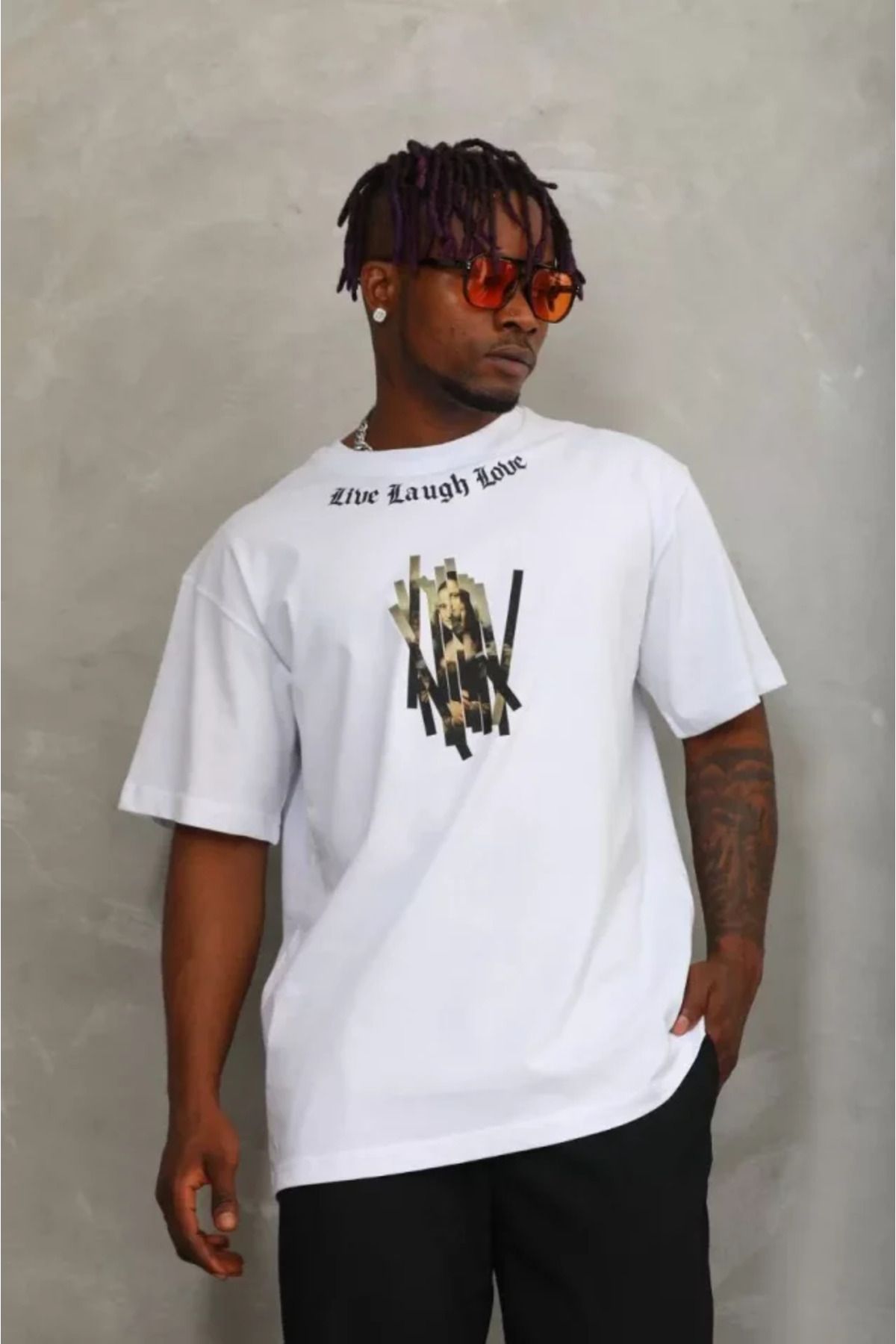 Asap Unisex Oversize Baskılı Bisiklet Yaka T-Shirt - Beyaz