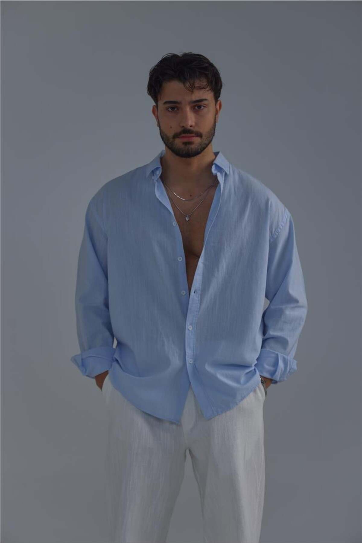 OUTFİT MAN-Men's Lapel Buttoned Linen Shirt Light Blue 5