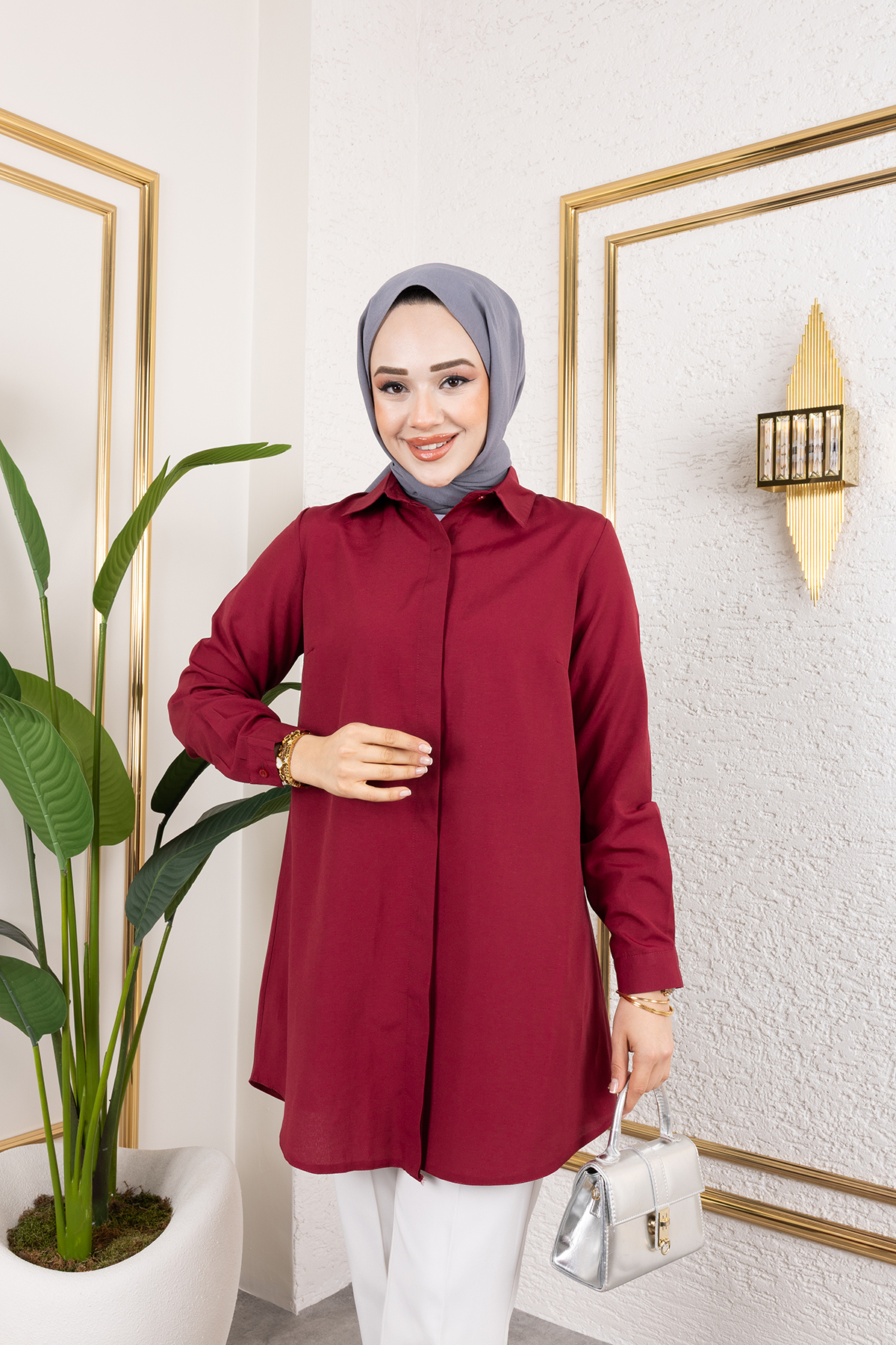 Eliva Kadın Bordo Terikoton Gizli Düğmeli Boyfriend Tesettür Gömlek görsel 7