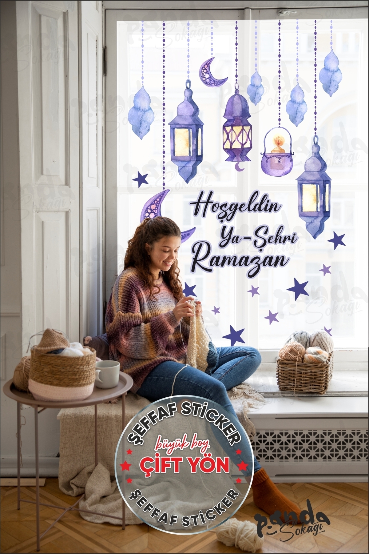 PANDA SOKAĞI Çift Yön Hoşgeldin Ramazan Soft Mor Temalı Fener Sarkıt Cam Duvar Dekorasyon Sticker Seti fotoğrafı 2 (önizleme)