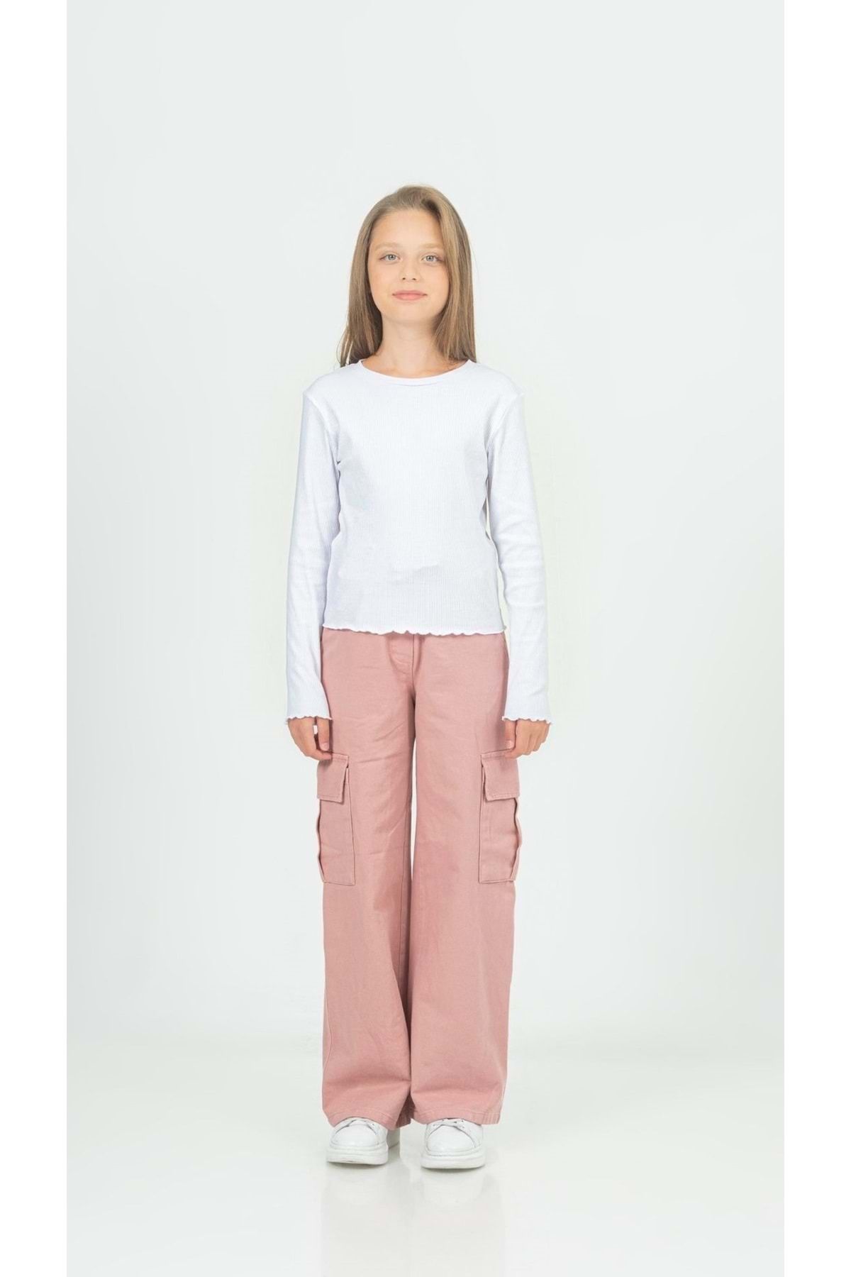 wakawakakidsstore Kargo Cepli Beli Lastikli Kordon Bağlamalı Gabardin Kız Pantolon - Pudra - 4-5 YAŞ