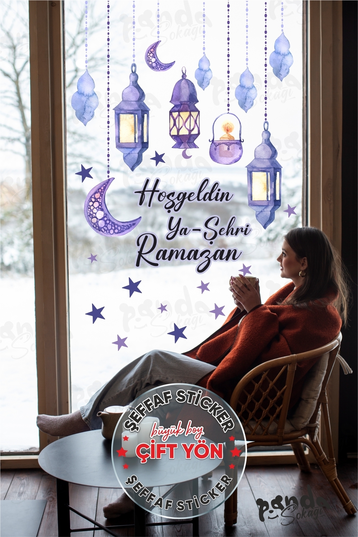 PANDA SOKAĞI Çift Yön Hoşgeldin Ramazan Soft Mor Temalı Fener Sarkıt Cam Duvar Dekorasyon Sticker Seti fotoğrafı 4 (önizleme)