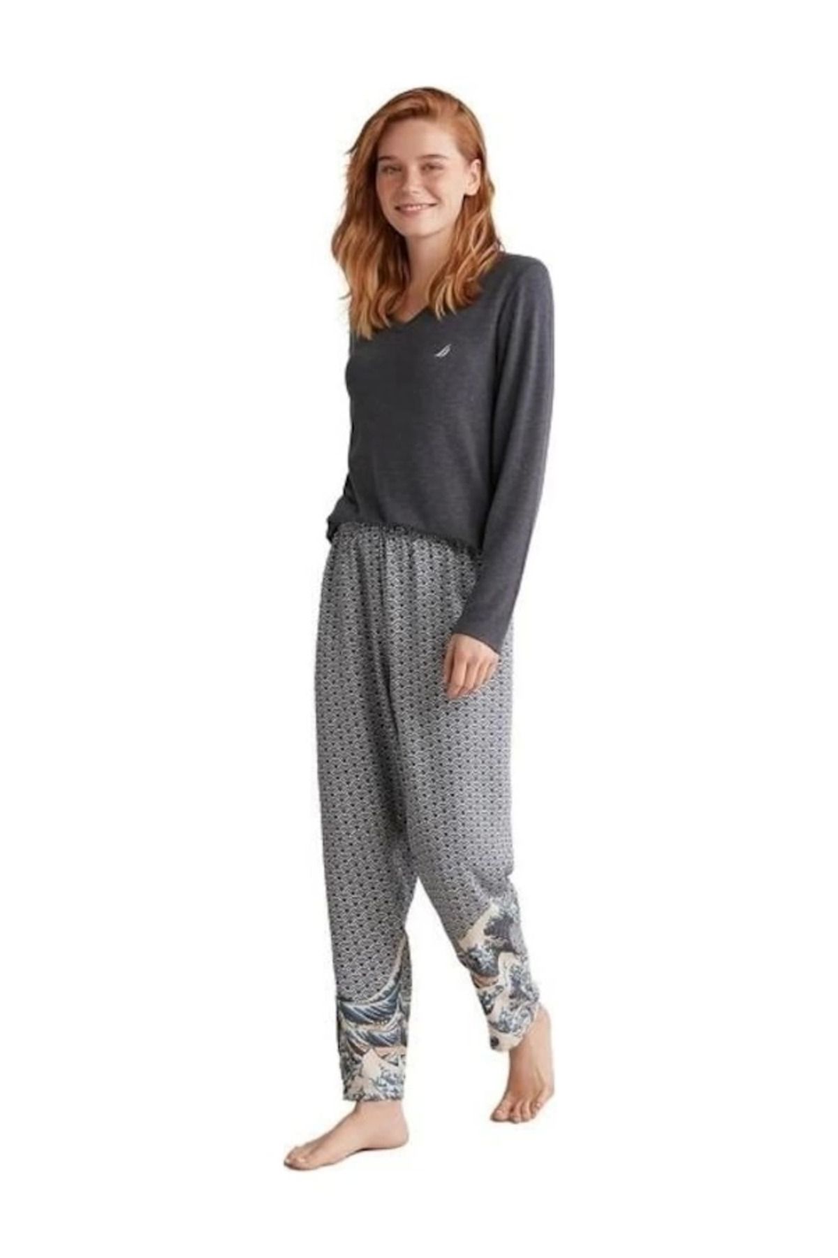 Kocabey W618 Kadın Patlı V Yaka Uzun Kollu Pijama Takımı